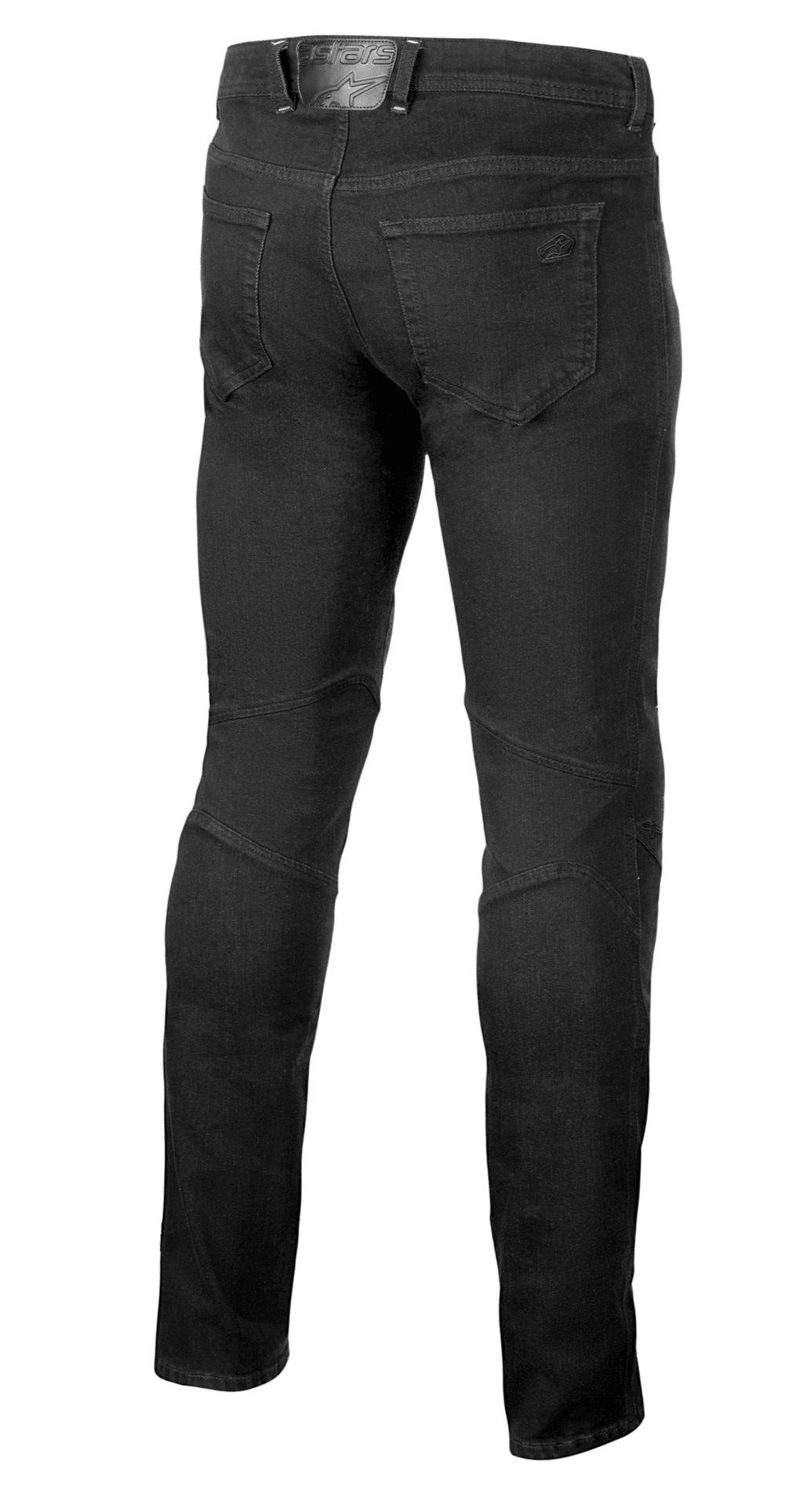 Alpinestars Radium V2 Denim Pants, jeans da moto, Black Rinse, vista posteriore che mostra il design a cinque tasche, marchio tono su tono sulla tasca posteriore e sulla toppa in vita, e cuciture tecniche sul retro delle ginocchia per una vestibilità affusolata