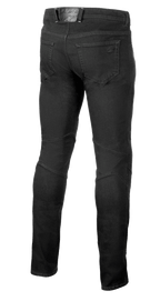 Alpinestars Radium V2 Denim Pants, jeans da moto, Black Rinse, vista posteriore che mostra il design a cinque tasche, marchio tono su tono sulla tasca posteriore e sulla toppa in vita, e cuciture tecniche sul retro delle ginocchia per una vestibilità affusolata