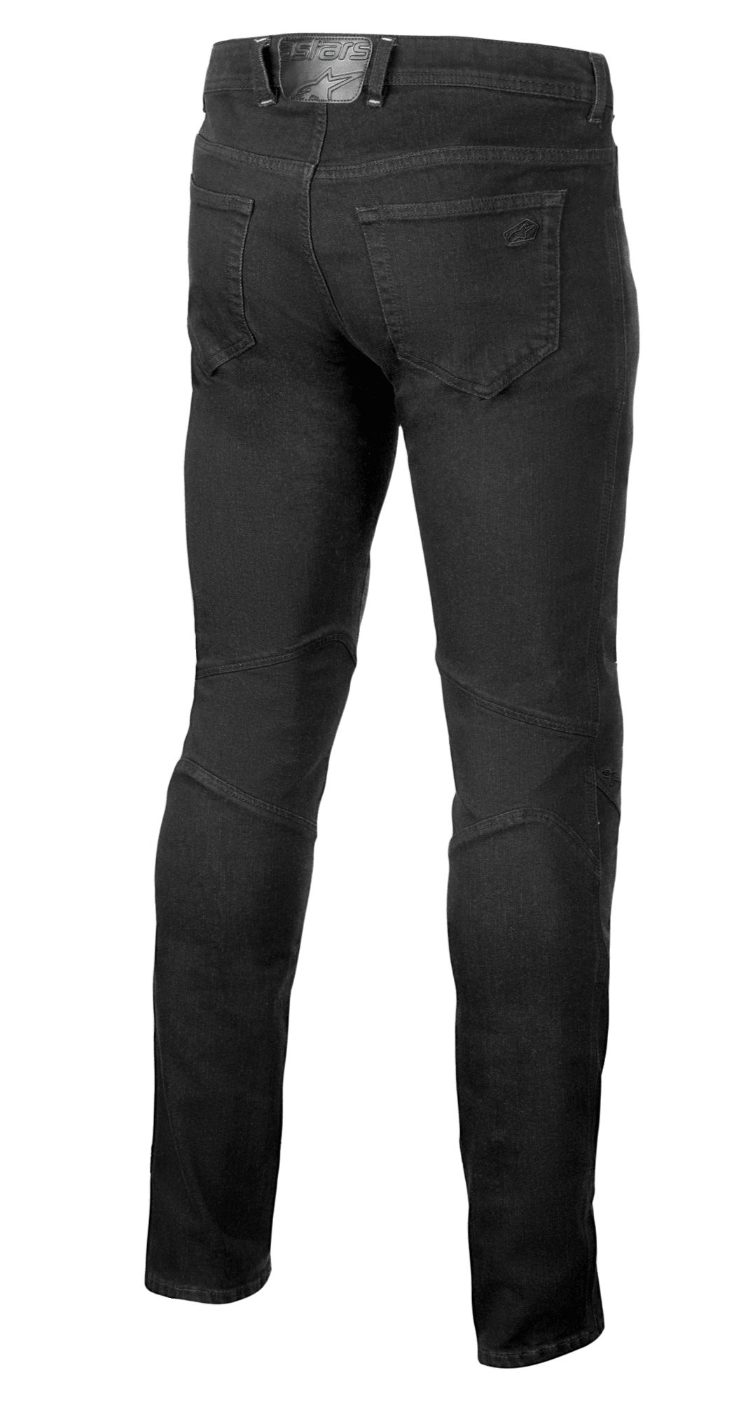 Alpinestars Radium V2 Denim Pants, jeans da moto, Black Rinse, vista posteriore che mostra il design a cinque tasche, marchio tono su tono sulla tasca posteriore e sulla toppa in vita, e cuciture tecniche sul retro delle ginocchia per una vestibilità affusolata