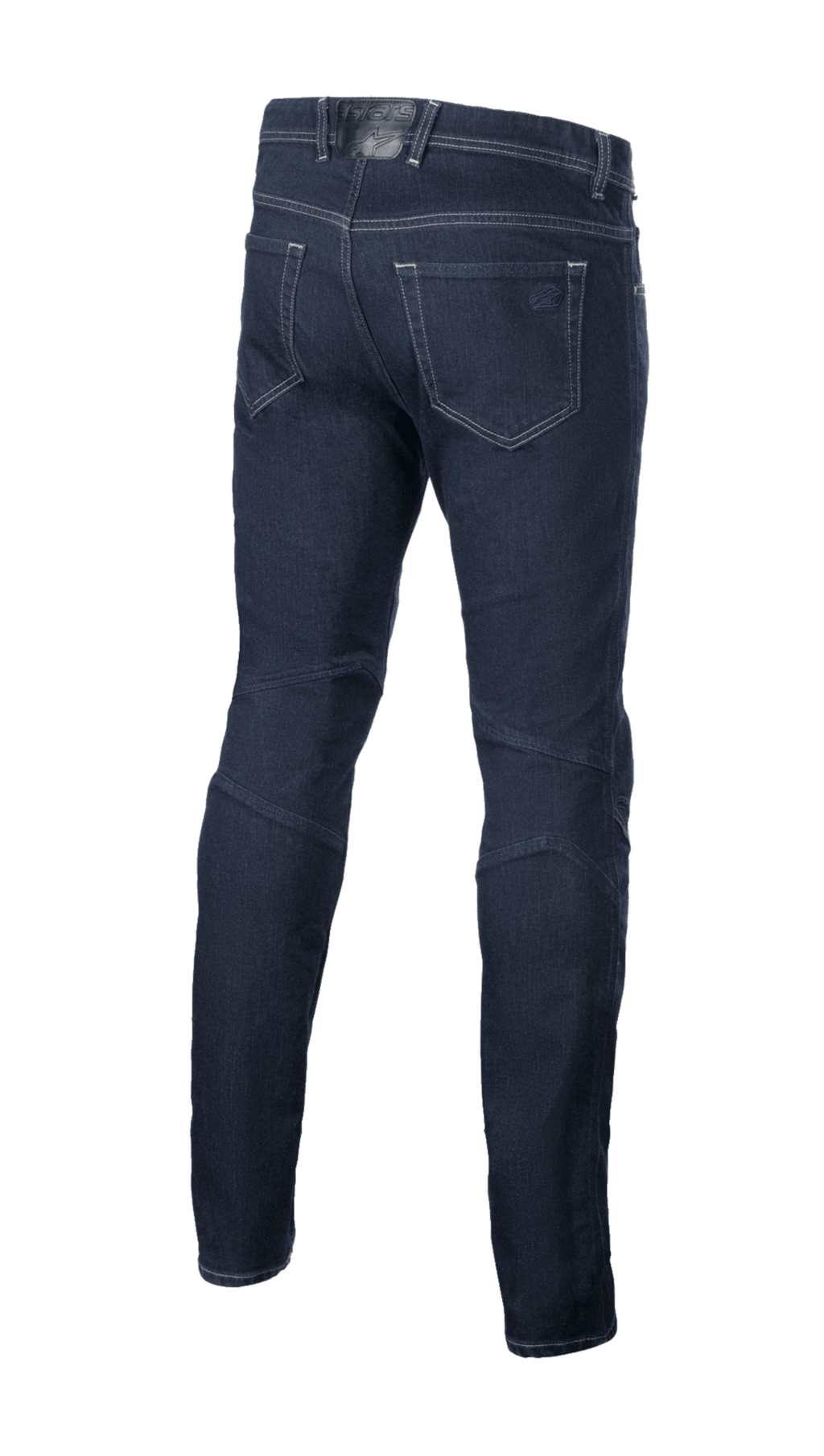Pantaloni Alpinestars Radium V2 Denim, jeans da moto urban, Rinse Blue, vista posteriore che mostra il design a cinque tasche, gamba affusolata e materiale in denim scuro con cuciture a contrasto