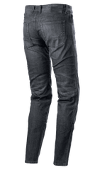 Pantaloni Alpinestars Sektor Regular Fit Denim, jeans da moto, Black Washed, vista posteriore con design a cinque tasche, logo ricamato sulla tasca posteriore, toppa in pelle nera sulla vita, gamba affusolata, abbigliamento tecnico urban