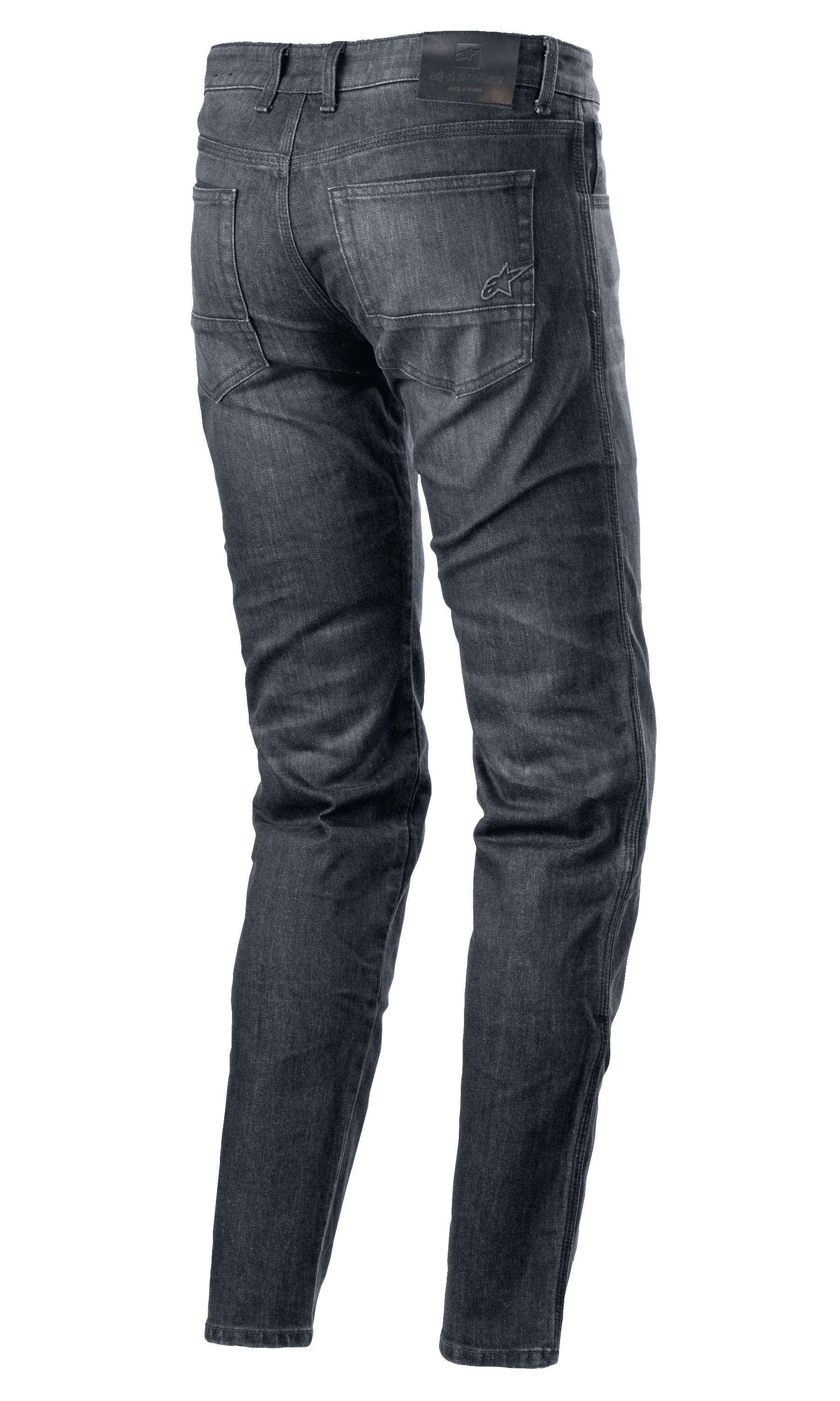 Pantaloni Alpinestars Sektor Regular Fit Denim, jeans da moto, Black Washed, vista posteriore con design a cinque tasche, logo ricamato sulla tasca posteriore, toppa in pelle nera sulla vita, gamba affusolata, abbigliamento tecnico urban