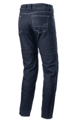 Pantaloni Denim Alpinestars Sektor Regular Fit, pantaloni da moto urban, denim Blu Scuro, vista posteriore con tasche sul retro e cuciture a contrasto chiare, piccolo logo ricamato e design a gamba affusolata
