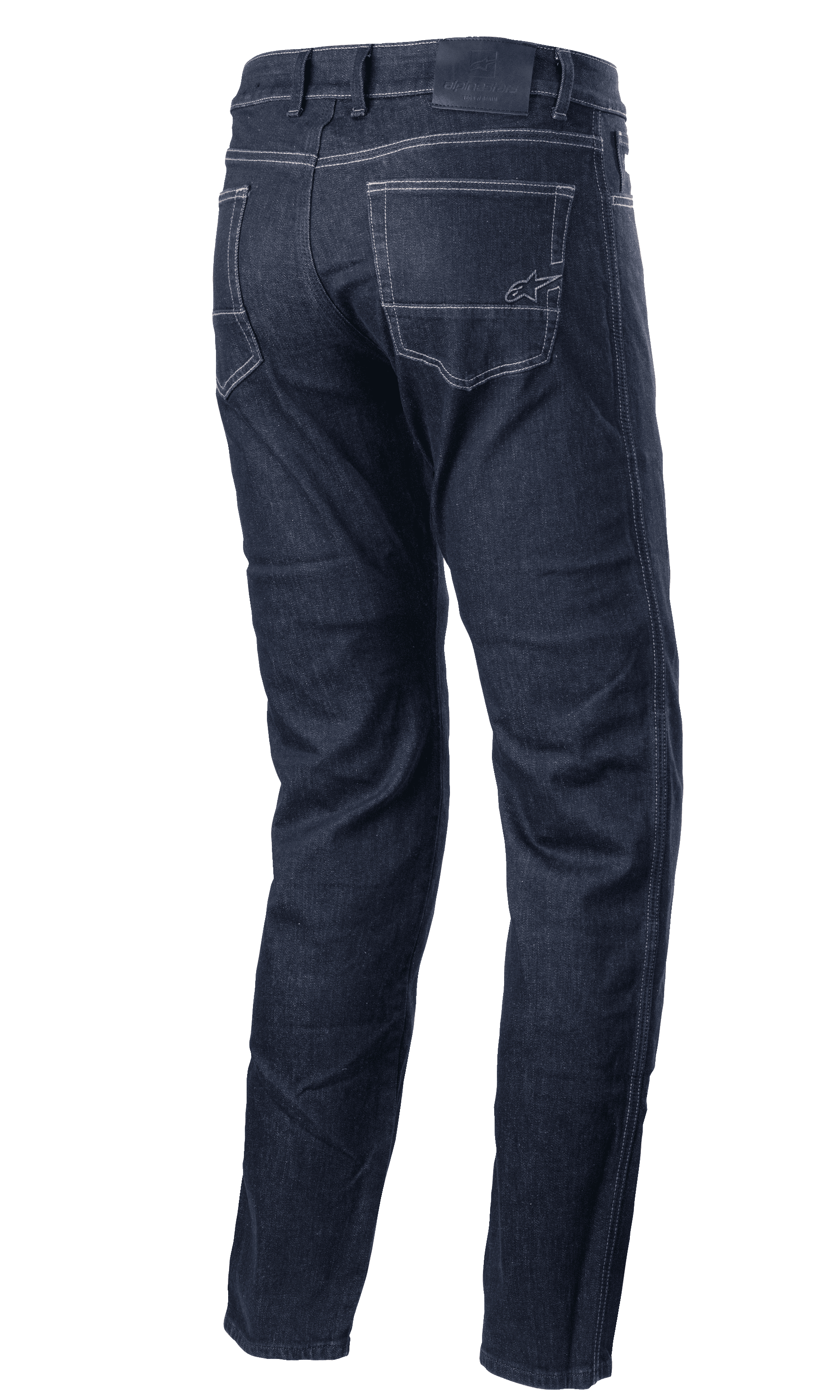 Pantaloni Denim Alpinestars Sektor Regular Fit, pantaloni da moto urban, denim Blu Scuro, vista posteriore con tasche sul retro e cuciture a contrasto chiare, piccolo logo ricamato e design a gamba affusolata