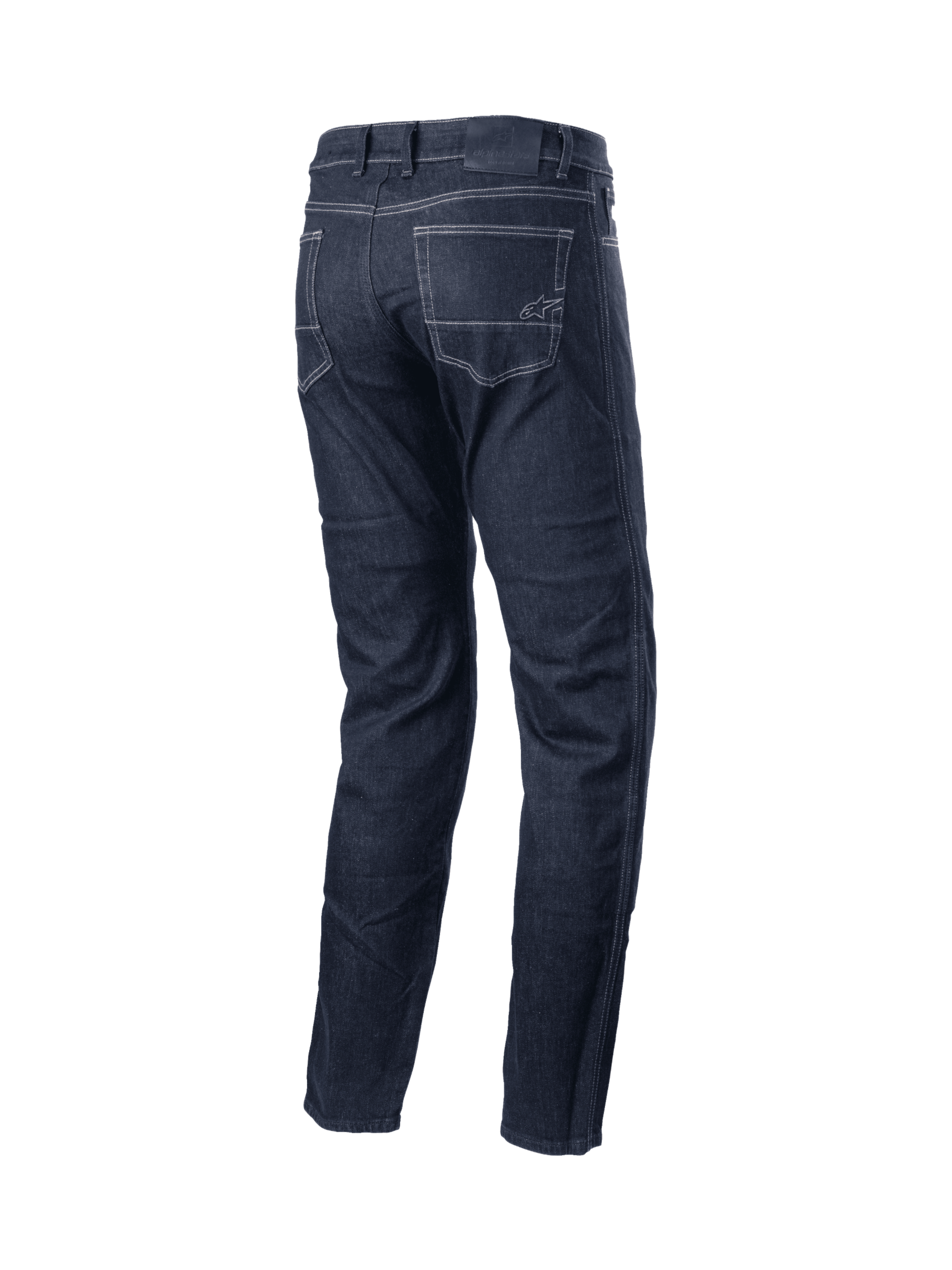 Pantaloni Sektor Regular Fit Jeans, jeans da moto urban da uomo, neri, con rinforzi aramidici, cuciture triple e logo Alpinestars ricamato sulla tasca posteriore.
