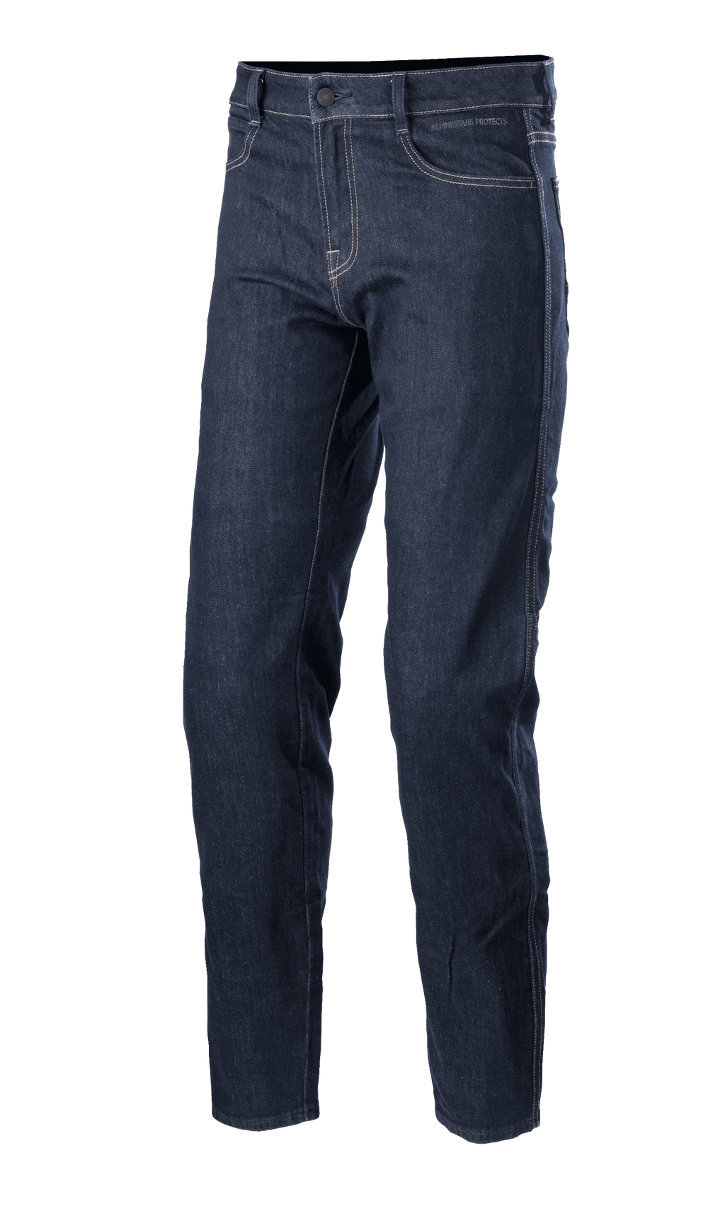 Pantaloni Alpinestars Sektor Regular Fit Denim, jeans da moto Mid Blue, pantaloni tecnici con cuciture bianche a contrasto, design a cinque tasche, passanti per cintura e gamba affusolata in denim elasticizzato