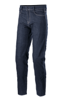 Pantaloni Alpinestars Sektor Regular Fit Denim, jeans da moto Mid Blue, pantaloni tecnici con cuciture bianche a contrasto, design a cinque tasche, passanti per cintura e gamba affusolata in denim elasticizzato