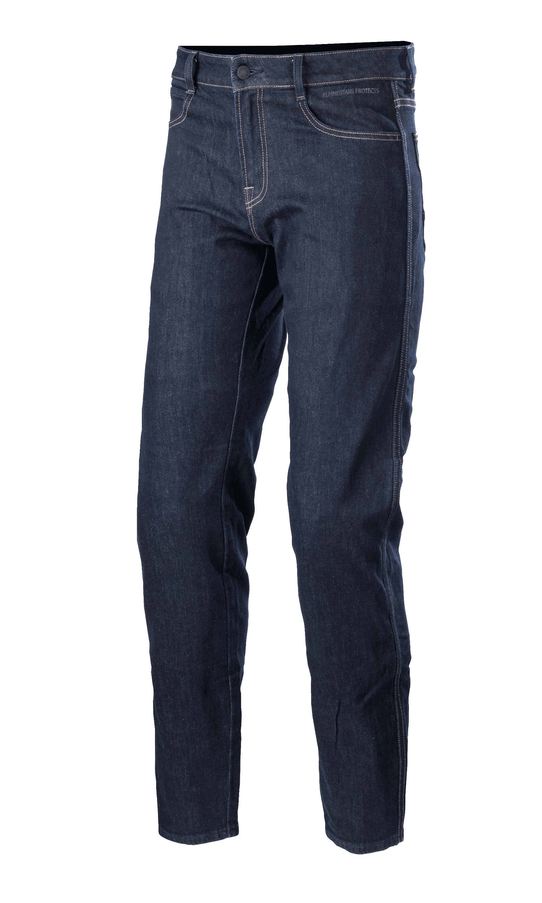 Pantaloni Alpinestars Sektor Regular Fit Denim, jeans da moto Mid Blue, pantaloni tecnici con cuciture bianche a contrasto, design a cinque tasche, passanti per cintura e gamba affusolata in denim elasticizzato