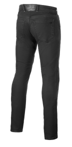 Alpinestars Copper V3 Denim Pants, jeans da moto, Black Rinse, vista posteriore che mostra le tasche posteriori e la toppa in pelle in vita con marchio tonale, design a gamba dritta regular comfort