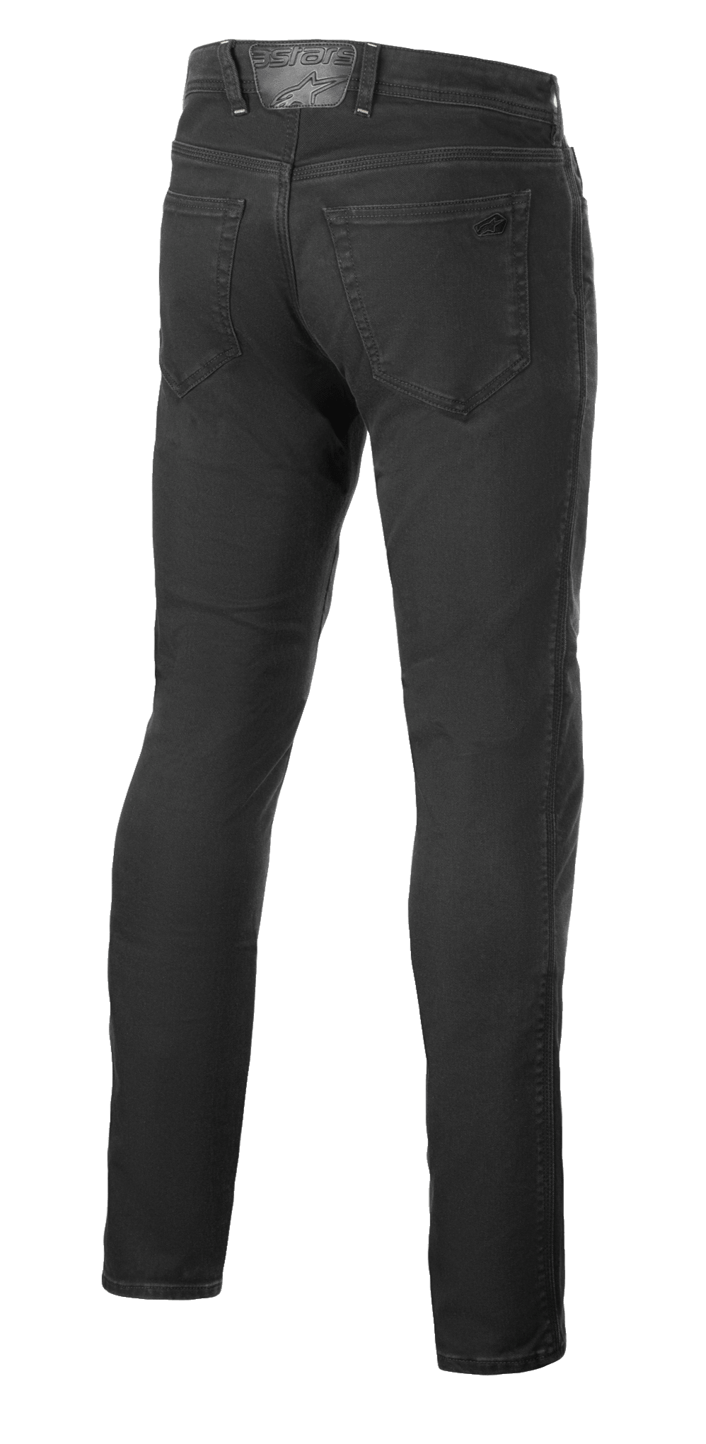 Alpinestars Copper V3 Denim Pants, jeans da moto, Black Rinse, vista posteriore che mostra le tasche posteriori e la toppa in pelle in vita con marchio tonale, design a gamba dritta regular comfort