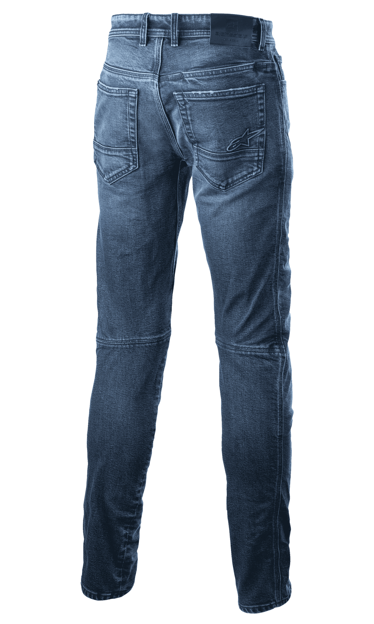 Alpinestars Argon Slim Fit Denim Pants, jeans tecnici da moto, blu medio, vista posteriore che mostra le tasche posteriori con logo a stella ricamato, silhouette slim fit e costruzione in denim tecnico per la guida urbana