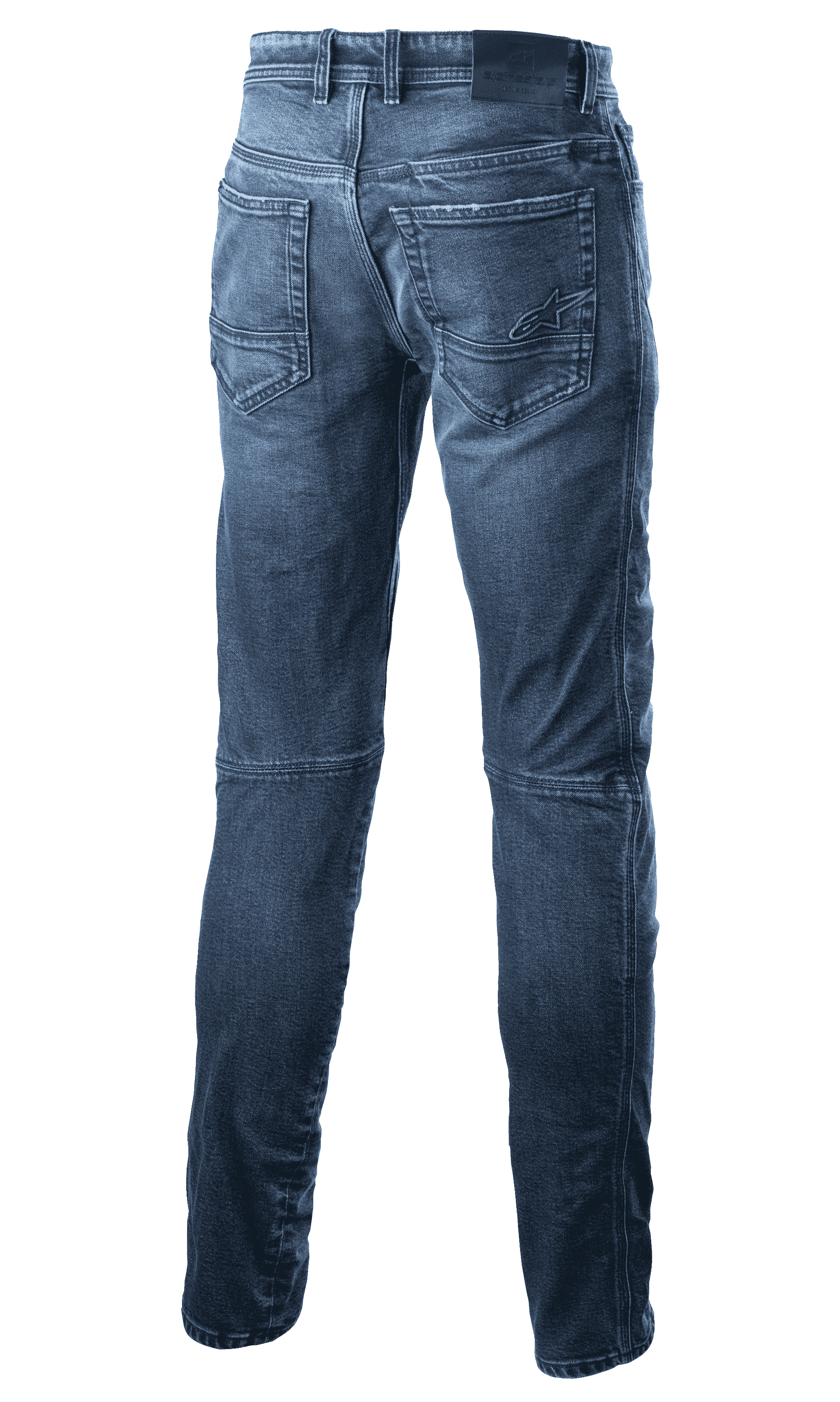 Alpinestars Argon Slim Fit Denim Pants, jeans tecnici da moto, blu medio, vista posteriore che mostra le tasche posteriori con logo a stella ricamato, silhouette slim fit e costruzione in denim tecnico per la guida urbana