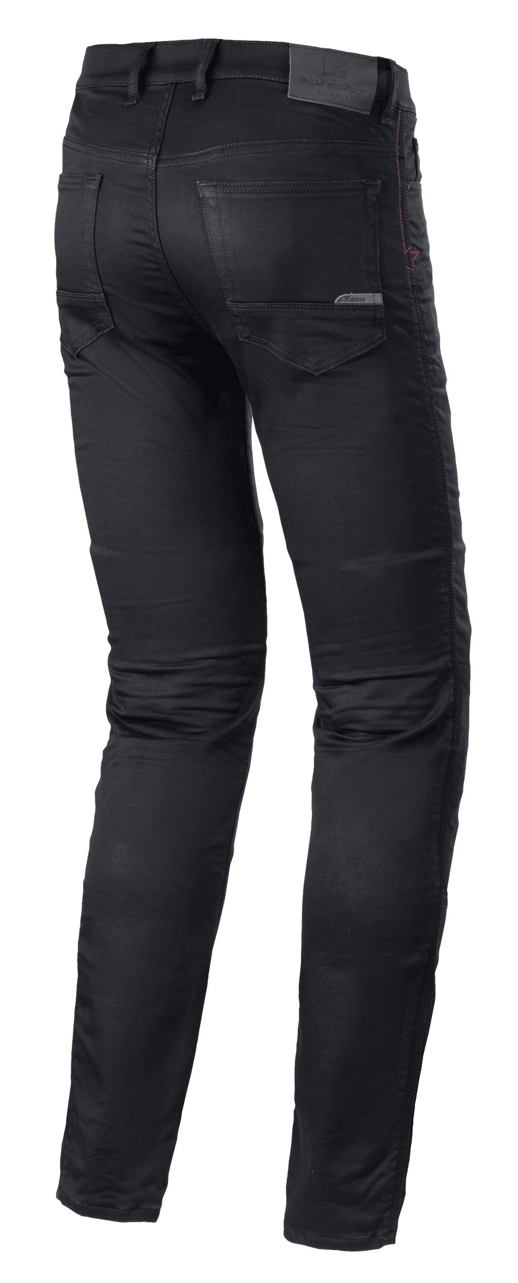 Alpinestars Cerium Tech Stretch Riding Denim, jeans da moto, Black Rinse, design slim fit, vista posteriore con gambe pre-curvate, tasche posteriori e patch in pelle in vita con marchio in rilievo