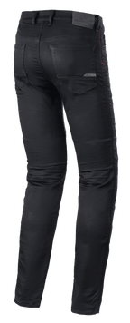 Alpinestars Cerium Tech Stretch Riding Denim, jeans da moto, Black Rinse, design slim fit, vista posteriore con gambe pre-curvate, tasche posteriori e patch in pelle in vita con marchio in rilievo