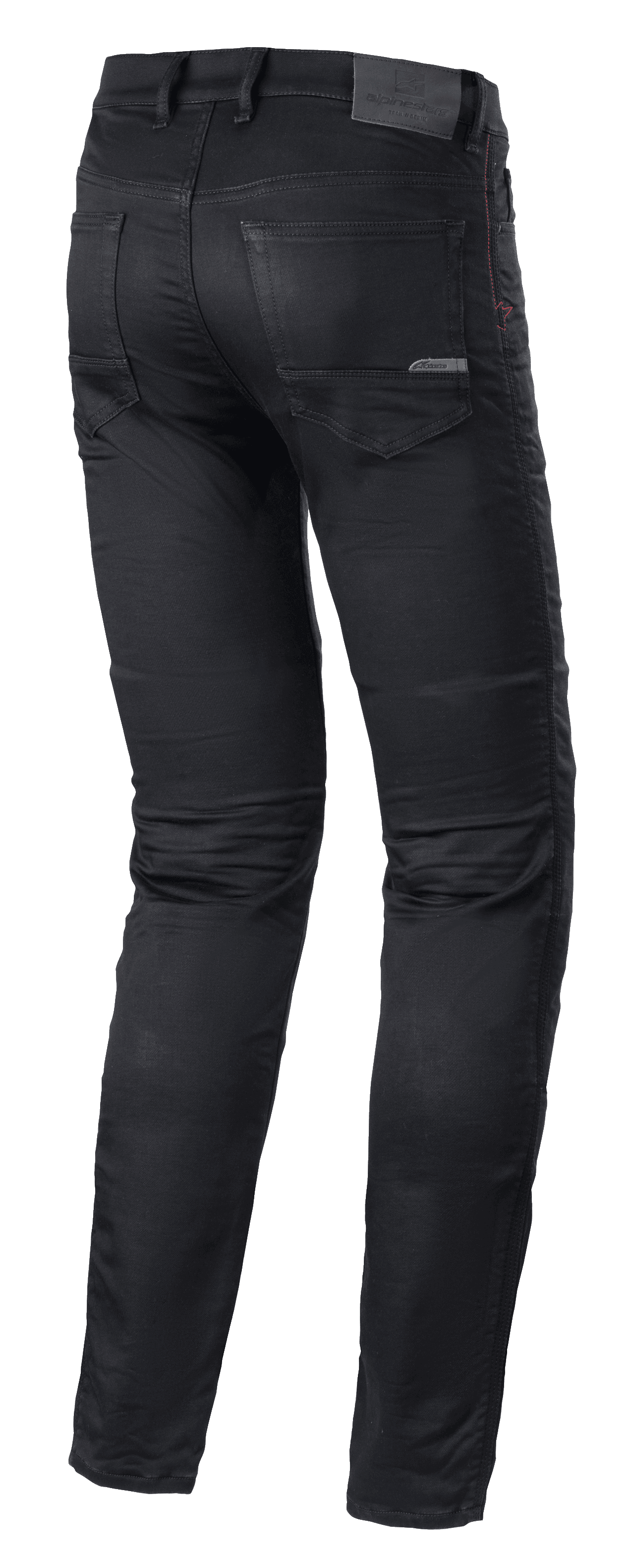 Alpinestars Cerium Tech Stretch Riding Denim, jeans da moto, Black Rinse, design slim fit, vista posteriore con gambe pre-curvate, tasche posteriori e patch in pelle in vita con marchio in rilievo