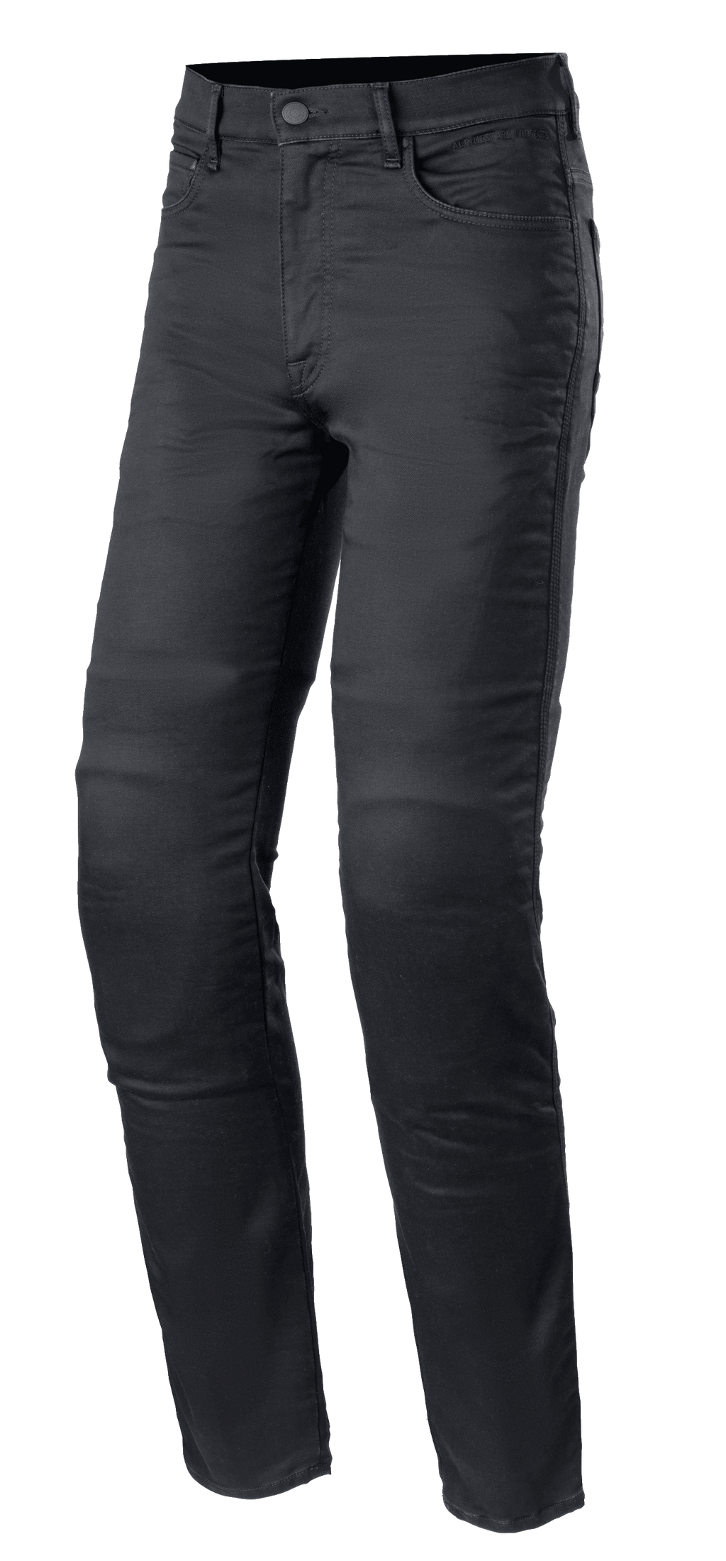 Alpinestars Cerium Tech Stretch Riding Denim, jeans da moto nero Black Rinse, vestibilità slim con chiusura a bottone, design a cinque tasche con passanti per cintura, tessuto elasticizzato resistente con cuciture a vista