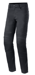 Alpinestars Cerium Tech Stretch Riding Denim, jeans da moto nero Black Rinse, vestibilità slim con chiusura a bottone, design a cinque tasche con passanti per cintura, tessuto elasticizzato resistente con cuciture a vista