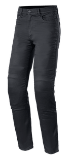 Alpinestars Cerium Tech Stretch Riding Denim, jeans da moto nero Black Rinse, vestibilità slim con chiusura a bottone, design a cinque tasche con passanti per cintura, tessuto elasticizzato resistente con cuciture a vista