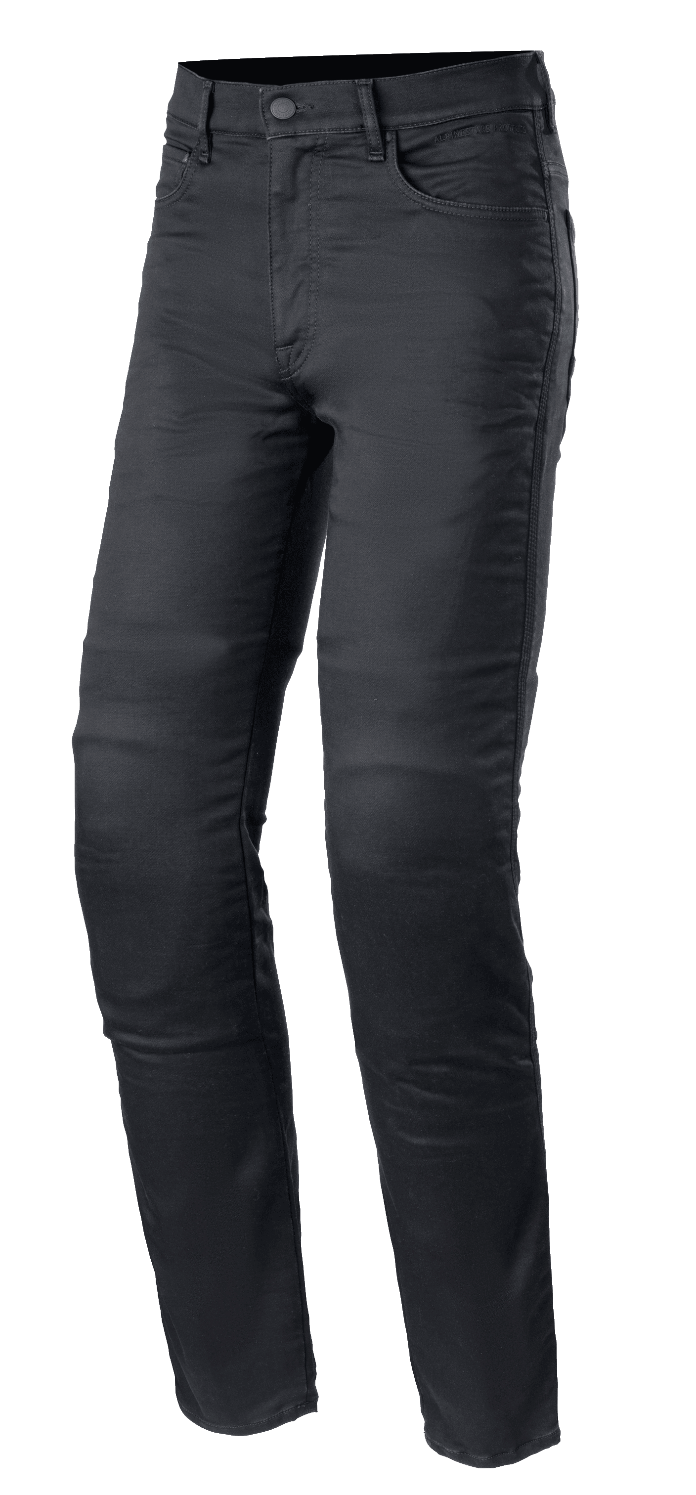Alpinestars Cerium Tech Stretch Riding Denim, jeans da moto nero Black Rinse, vestibilità slim con chiusura a bottone, design a cinque tasche con passanti per cintura, tessuto elasticizzato resistente con cuciture a vista