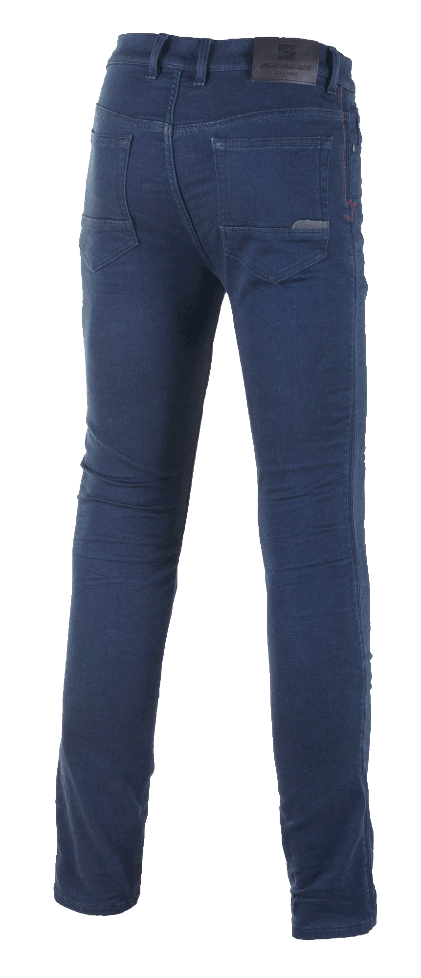 Alpinestars Cerium Tech Stretch Riding Denim, jeans da moto, Rinse Blue, vista posteriore che mostra il denim tecnico slim-fit, classiche tasche posteriori e patch in pelle con logo sul girovita
