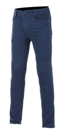 Alpinestars Cerium Tech Stretch Riding Denim, jeans da moto, blu scuro, vestibilità slim, design a cinque tasche con chiusura a bottone e cerniera, passanti per cintura, tessuto elasticizzato per il comfort alla guida.