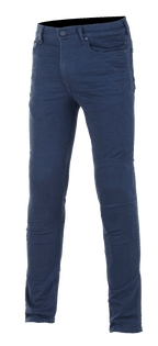 Alpinestars Cerium Tech Stretch Riding Denim, jeans da moto, blu scuro, vestibilità slim, design a cinque tasche con chiusura a bottone e cerniera, passanti per cintura, tessuto elasticizzato per il comfort alla guida.