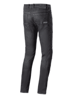 Alpinestars Cerium Denim Tech Riding Pants, jeans da moto, nero lavato, vista posteriore con tasche posteriori e patch del logo sulla cintura, stile urban casual per la guida