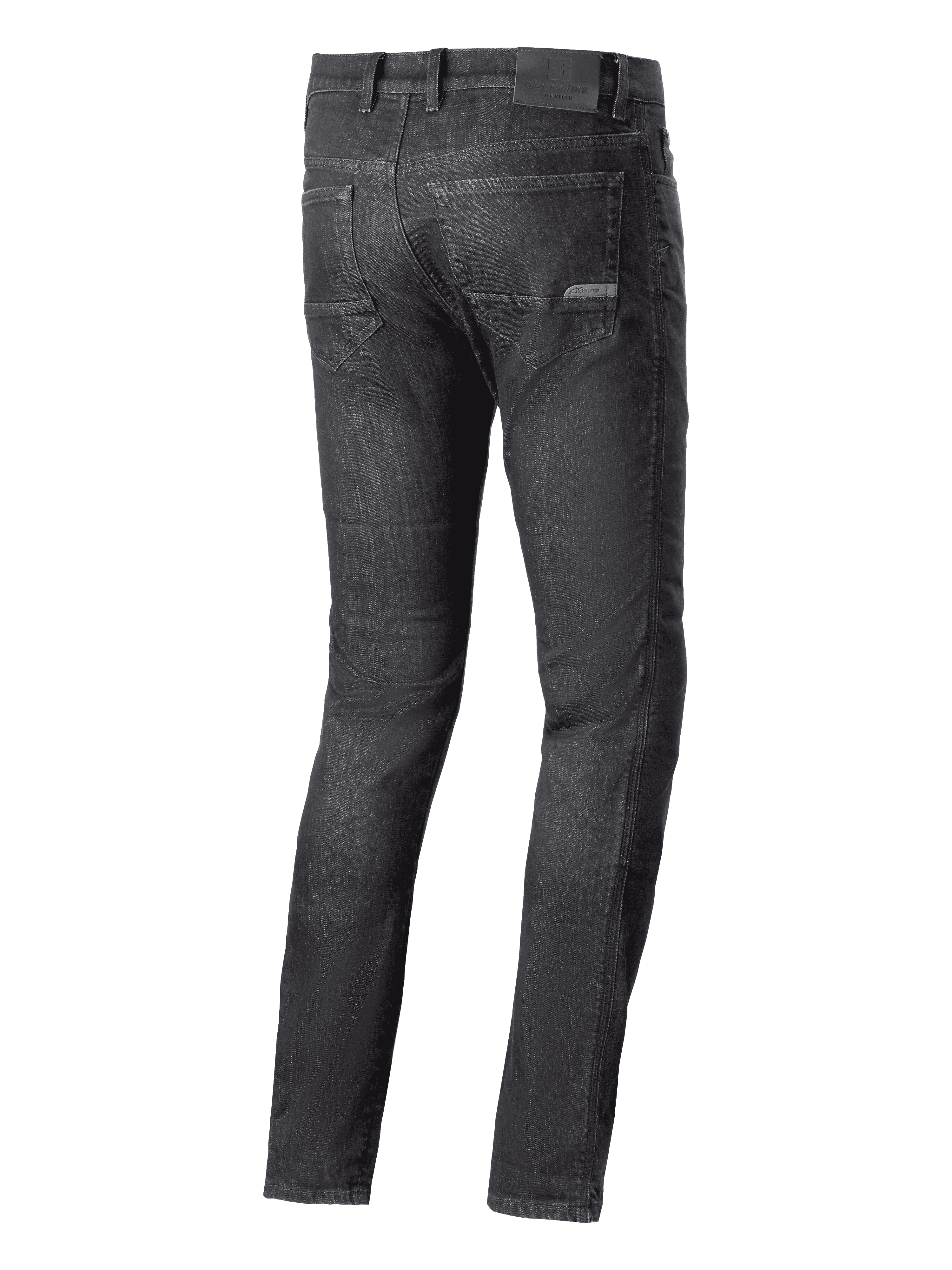 Alpinestars Cerium Denim Tech Riding Pants, jeans da moto, nero lavato, vista posteriore con tasche posteriori e patch del logo sulla cintura, stile urban casual per la guida