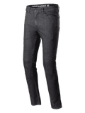Alpinestars Cerium Denim Tech Riding Pants, pantaloni da moto in denim nero lavato, vestibilità slim fit, classico design a cinque tasche, robusta costruzione in denim, passanti per cintura, chiusura con bottone e zip, abbigliamento tecnico urbano contemporaneo