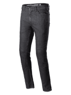 Alpinestars Cerium Denim Tech Riding Pants, pantaloni da moto in denim nero lavato, vestibilità slim fit, classico design a cinque tasche, robusta costruzione in denim, passanti per cintura, chiusura con bottone e zip, abbigliamento tecnico urbano contemporaneo