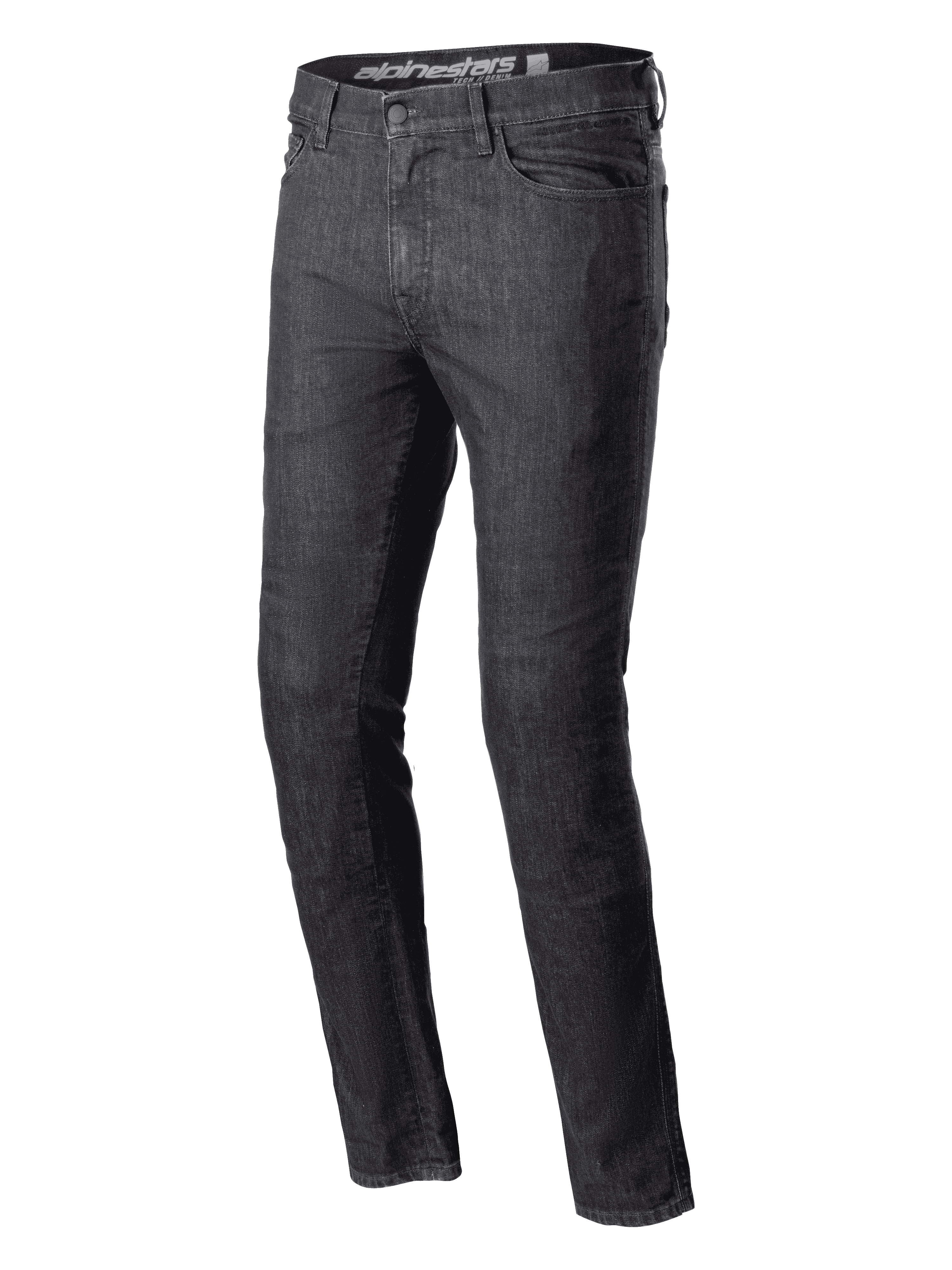 Alpinestars Cerium Denim Tech Riding Pants, pantaloni da moto in denim nero lavato, vestibilità slim fit, classico design a cinque tasche, robusta costruzione in denim, passanti per cintura, chiusura con bottone e zip, abbigliamento tecnico urbano contemporaneo