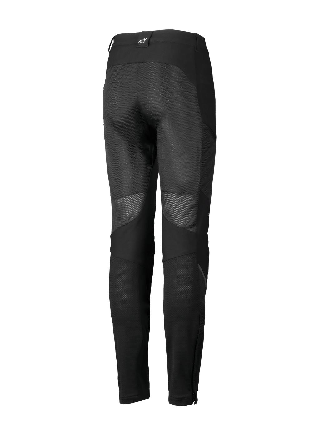 Alpinestars Stella Troop-Air Pants, pantaloni da moto da donna, nero, vista posteriore con ampi pannelli di ventilazione in rete sul retro delle gambe, costruzione in tessuto e piccolo logo bianco sul passante posteriore della cintura.