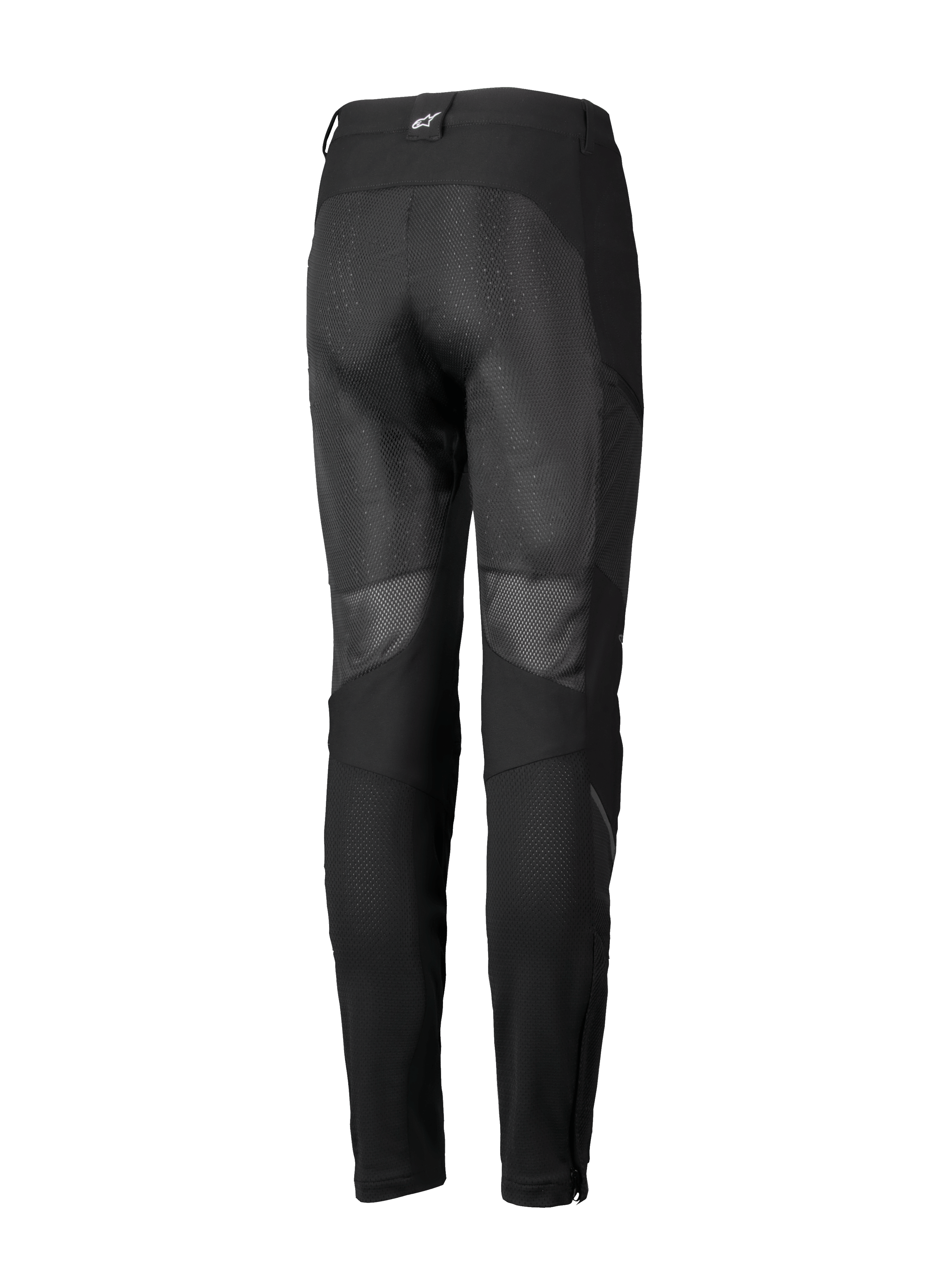 Alpinestars Stella Troop-Air Pants, pantaloni da moto da donna, nero, vista posteriore con ampi pannelli di ventilazione in rete sul retro delle gambe, costruzione in tessuto e piccolo logo bianco sul passante posteriore della cintura.