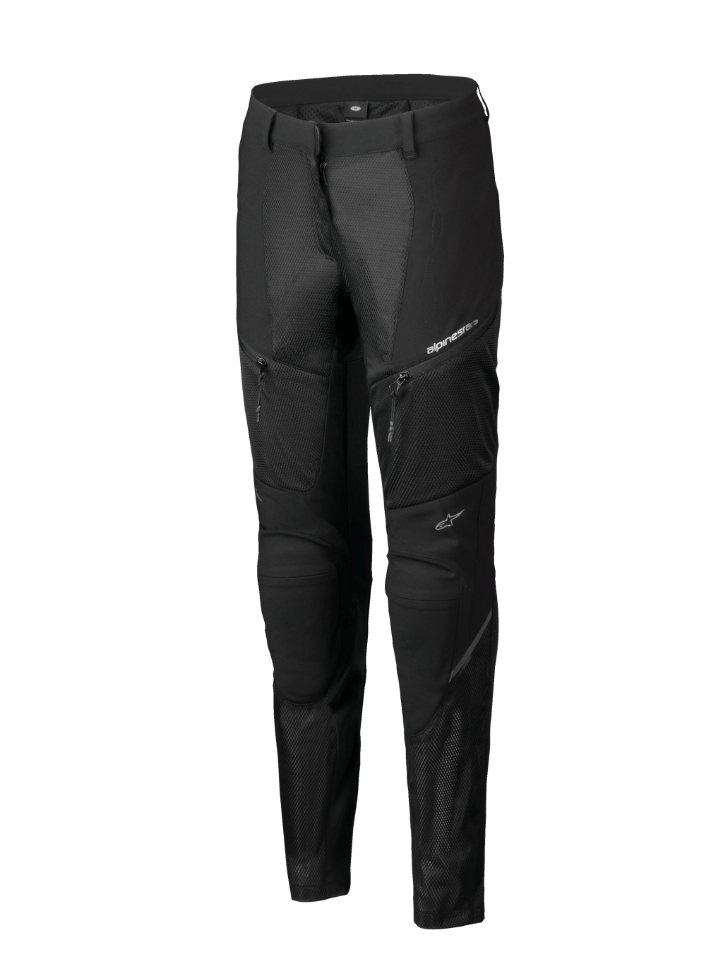 Alpinestars Stella Troop-Air Pants, pantaloni da moto da donna, nero, con ampi pannelli di ventilazione in mesh, tasche con cerniera e design tecnico sportivo con loghi Alpinestars bianchi