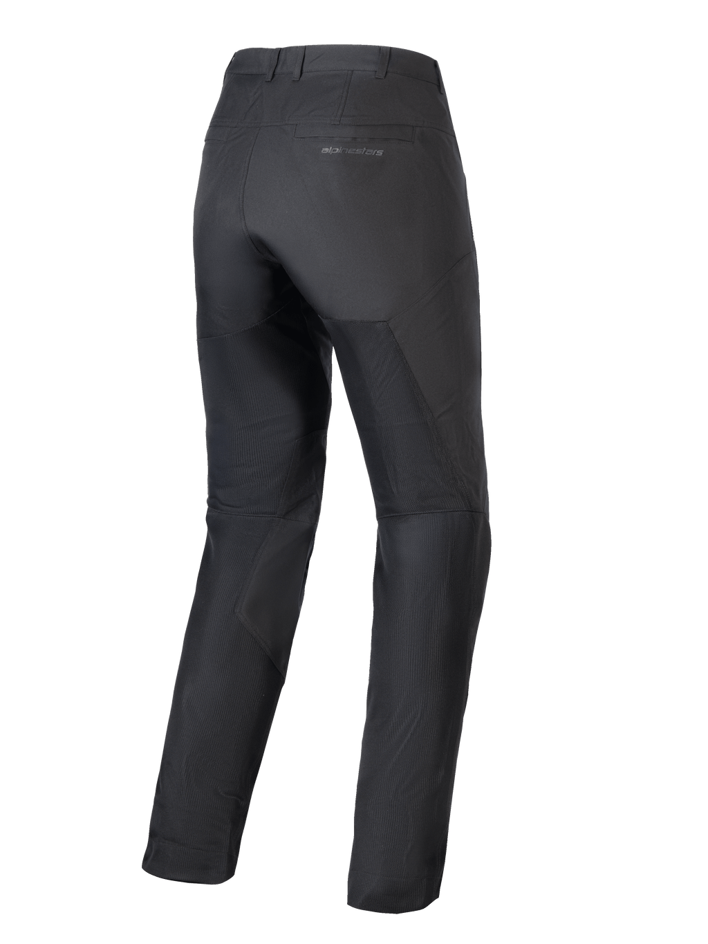 Alpinestars Pantaloni Stella C-1 Air Donna, pantaloni da moto neri, vista posteriore, mostrano ampi pannelli in mesh tecnico sulle gambe per il flusso d'aria, design urbano elegante con branding discreto sulla tasca posteriore