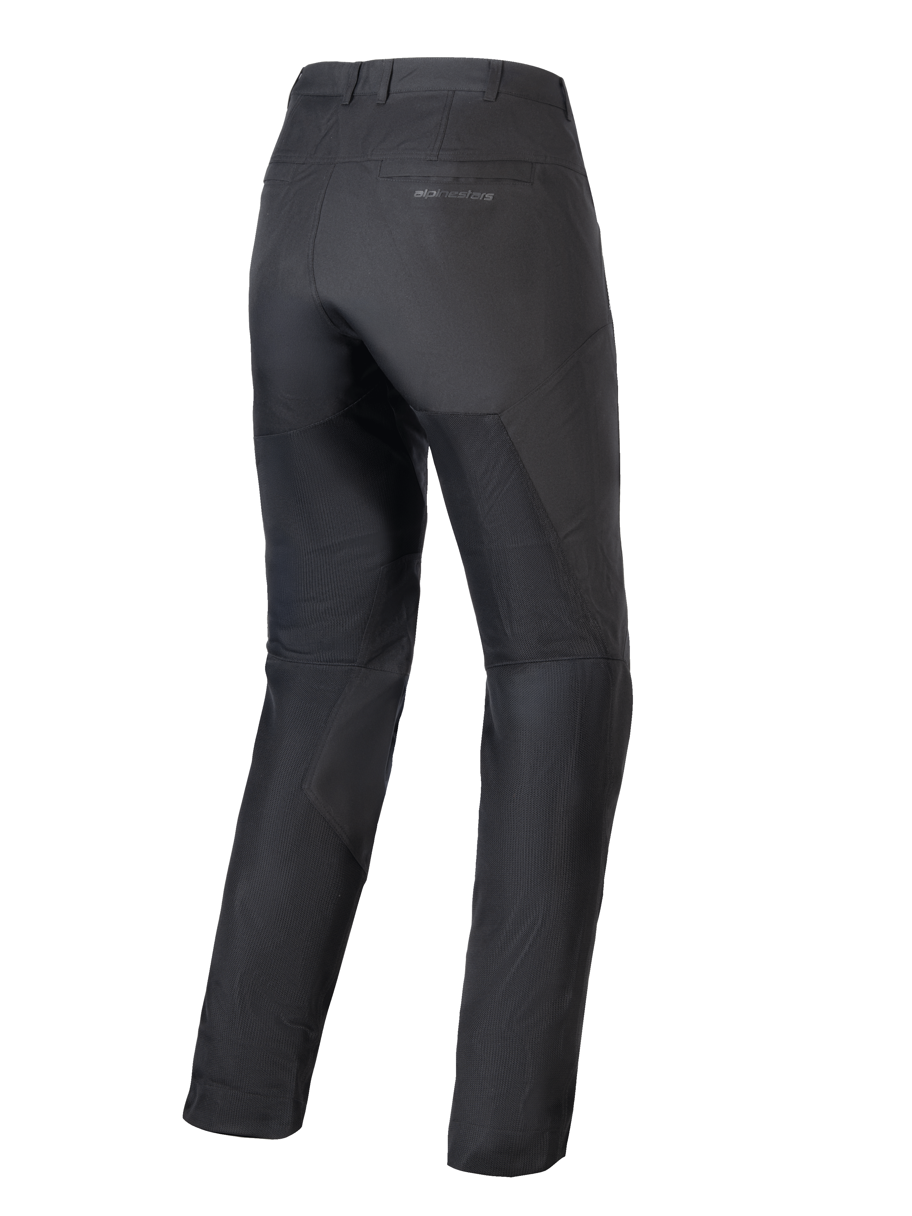 Alpinestars Pantaloni Stella C-1 Air Donna, pantaloni da moto neri, vista posteriore, mostrano ampi pannelli in mesh tecnico sulle gambe per il flusso d'aria, design urbano elegante con branding discreto sulla tasca posteriore