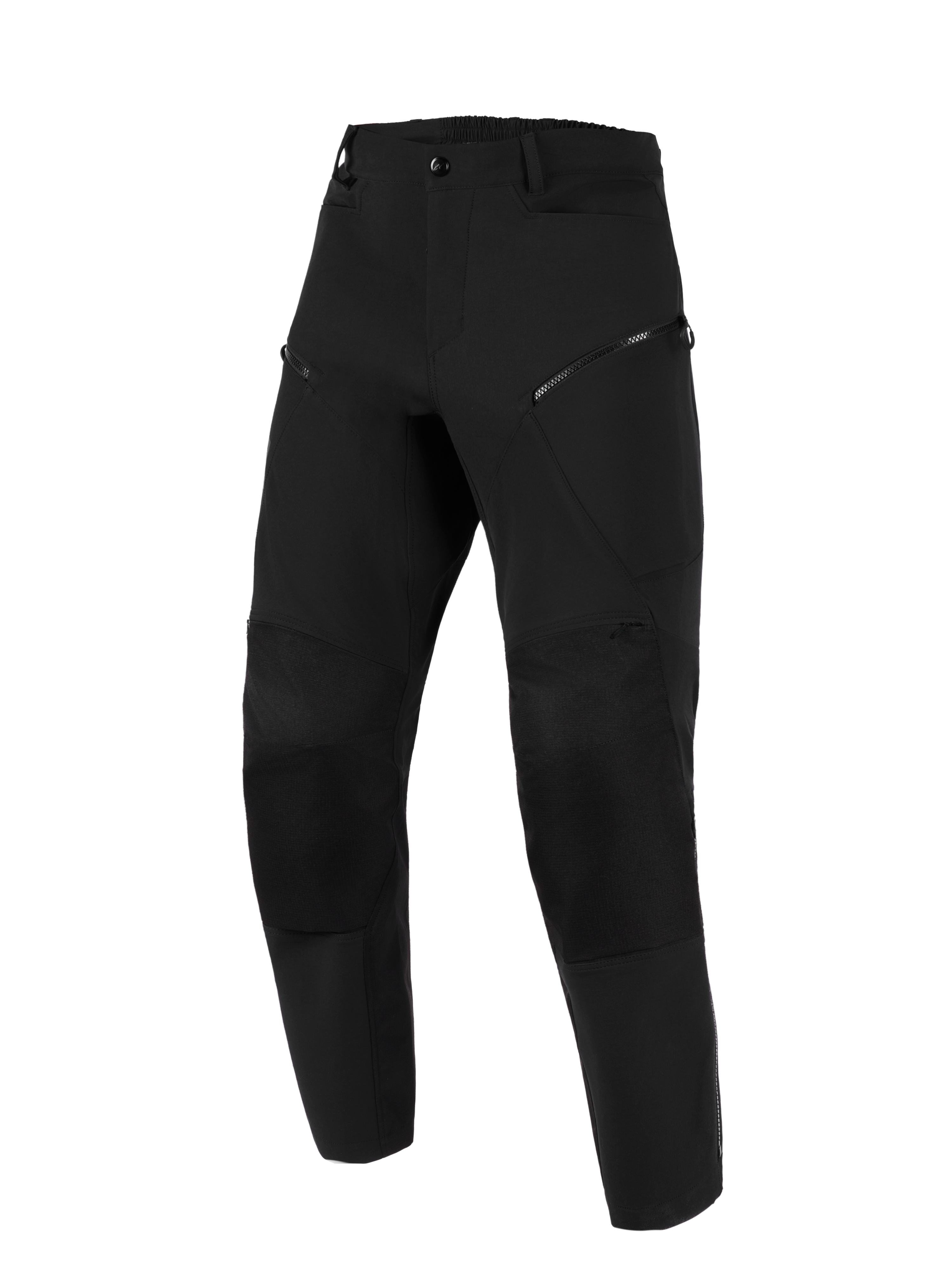 Pantaloni Alpinestars Stella Flex-AST Explorer, pantaloni da moto da donna, nero, vista frontale, con tasche sulle cosce con cerniera, pannelli sulle ginocchia rinforzati e vita elasticizzata, progettati per l'adventure touring