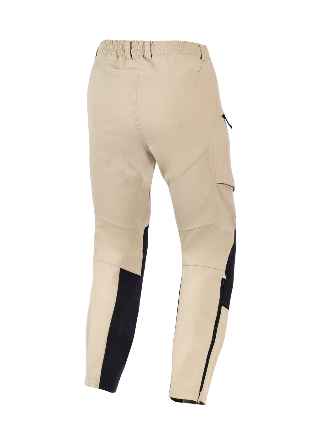 Pantaloni Alpinestars Stella Flex-AST Explorer da donna, pantaloni da moto adventure, colore sabbia e nero, vista posteriore con vita elasticizzata, tasche cargo laterali e pannelli rinforzati sulla parte inferiore della gamba con zip, progettati per la guida in climi caldi