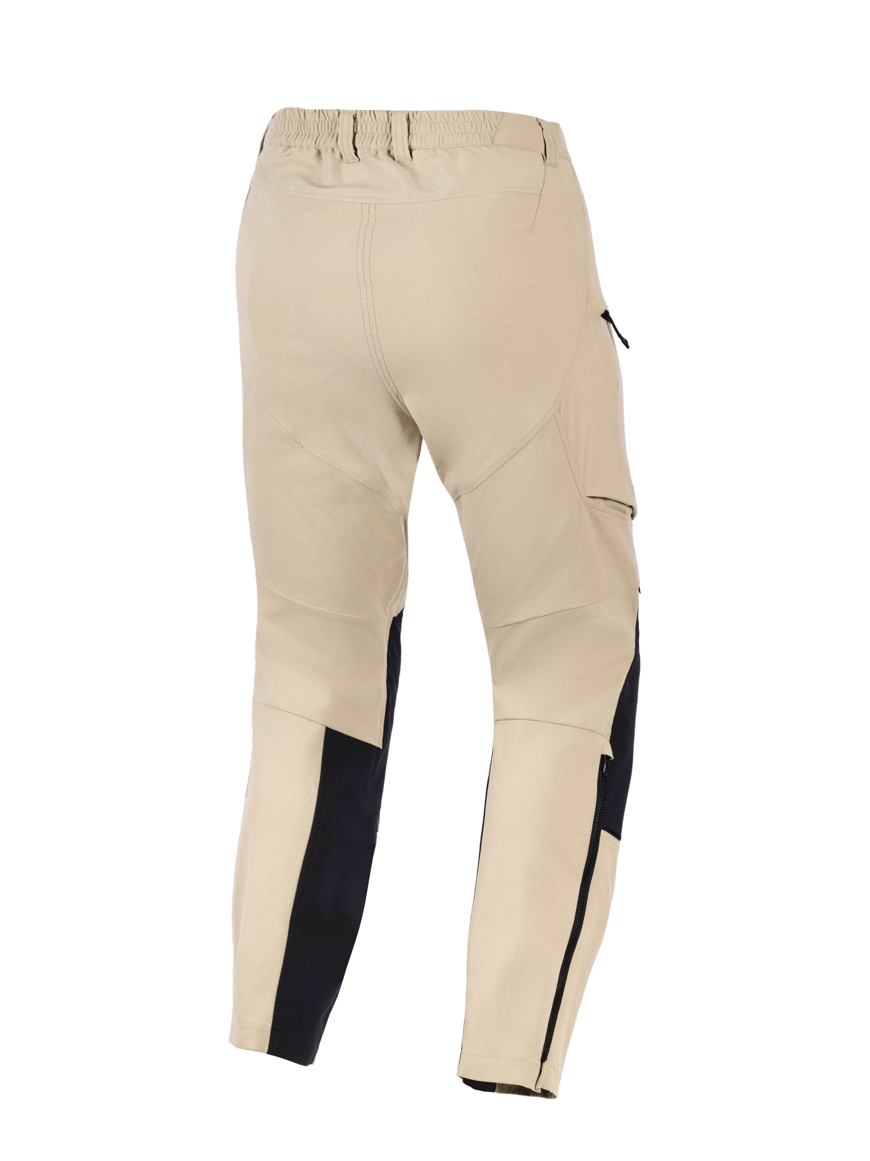 Pantaloni Alpinestars Stella Flex-AST Explorer da donna, pantaloni da moto adventure, colore sabbia e nero, vista posteriore con vita elasticizzata, tasche cargo laterali e pannelli rinforzati sulla parte inferiore della gamba con zip, progettati per la guida in climi caldi