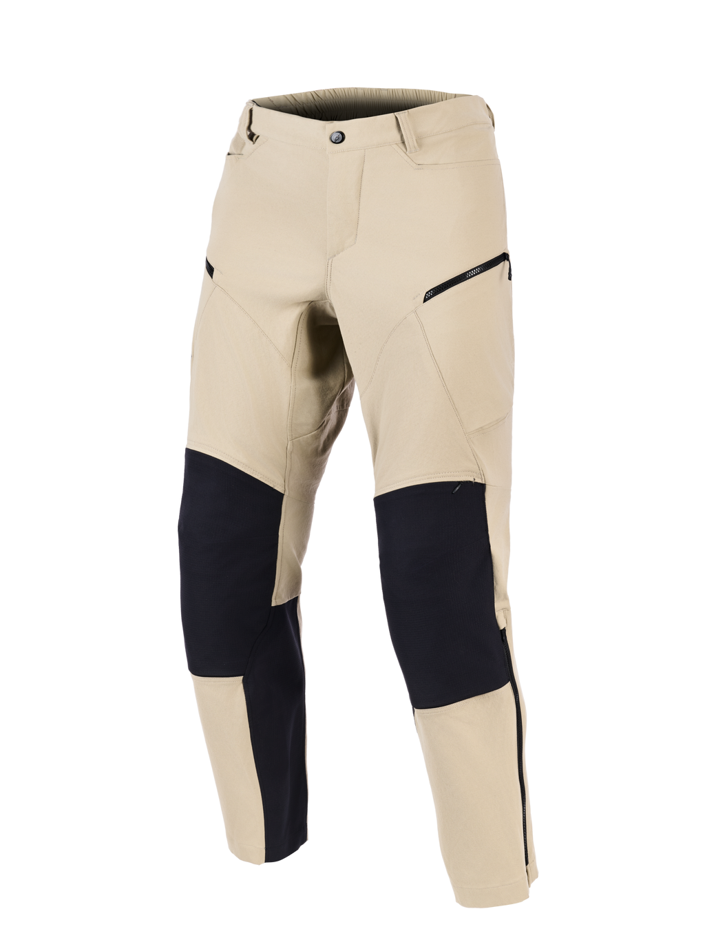 Alpinestars Stella Flex-AST Explorer Pants, pantaloni da moto da donna, sabbia e nero, vista frontale con pannelli neri rinforzati sulle ginocchia, tasche cargo con cerniera e un design in tessuto profilato per l'adventure touring