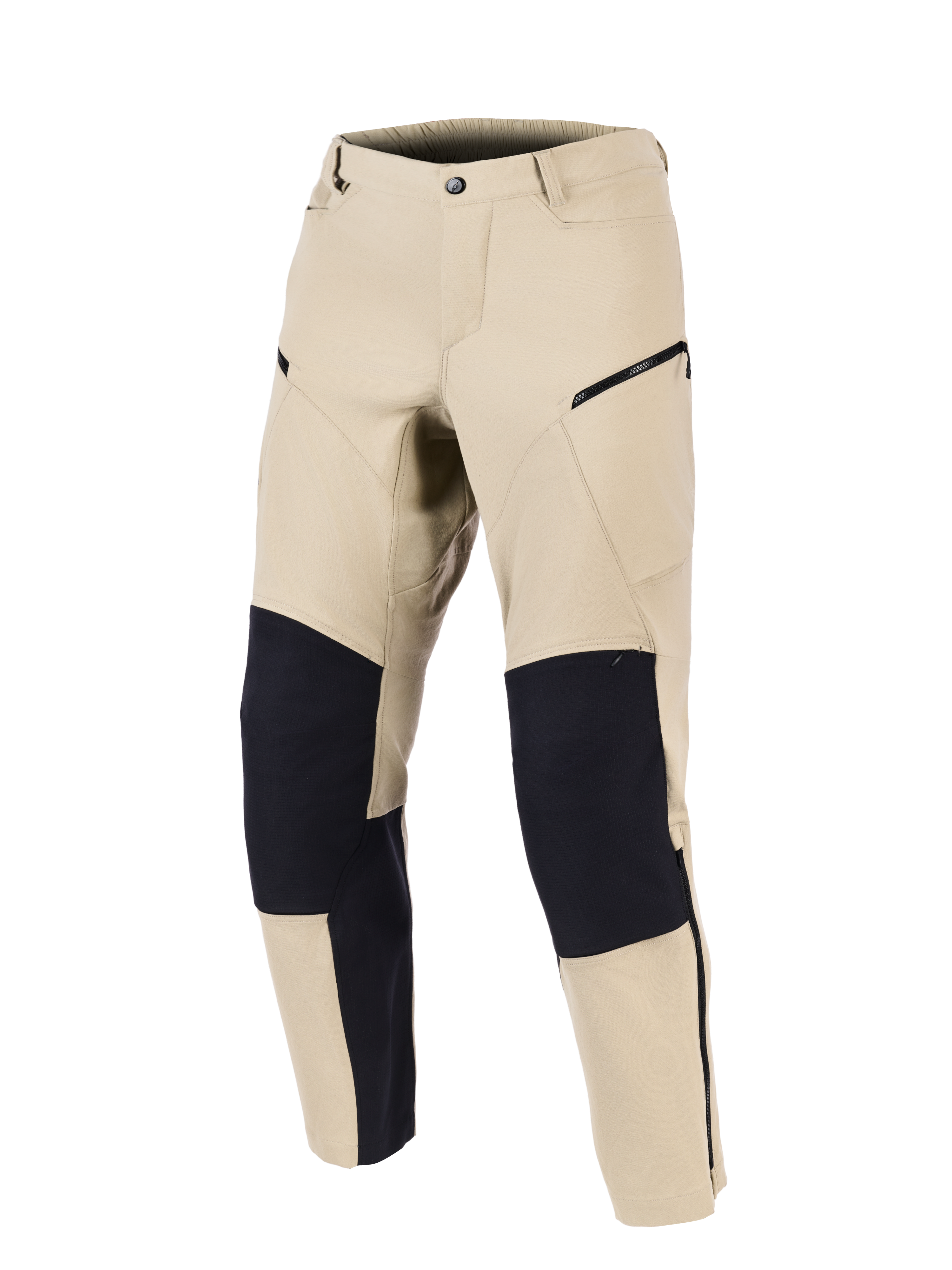 Alpinestars Stella Flex-AST Explorer Pants, pantaloni da moto da donna, sabbia e nero, vista frontale con pannelli neri rinforzati sulle ginocchia, tasche cargo con cerniera e un design in tessuto profilato per l'adventure touring