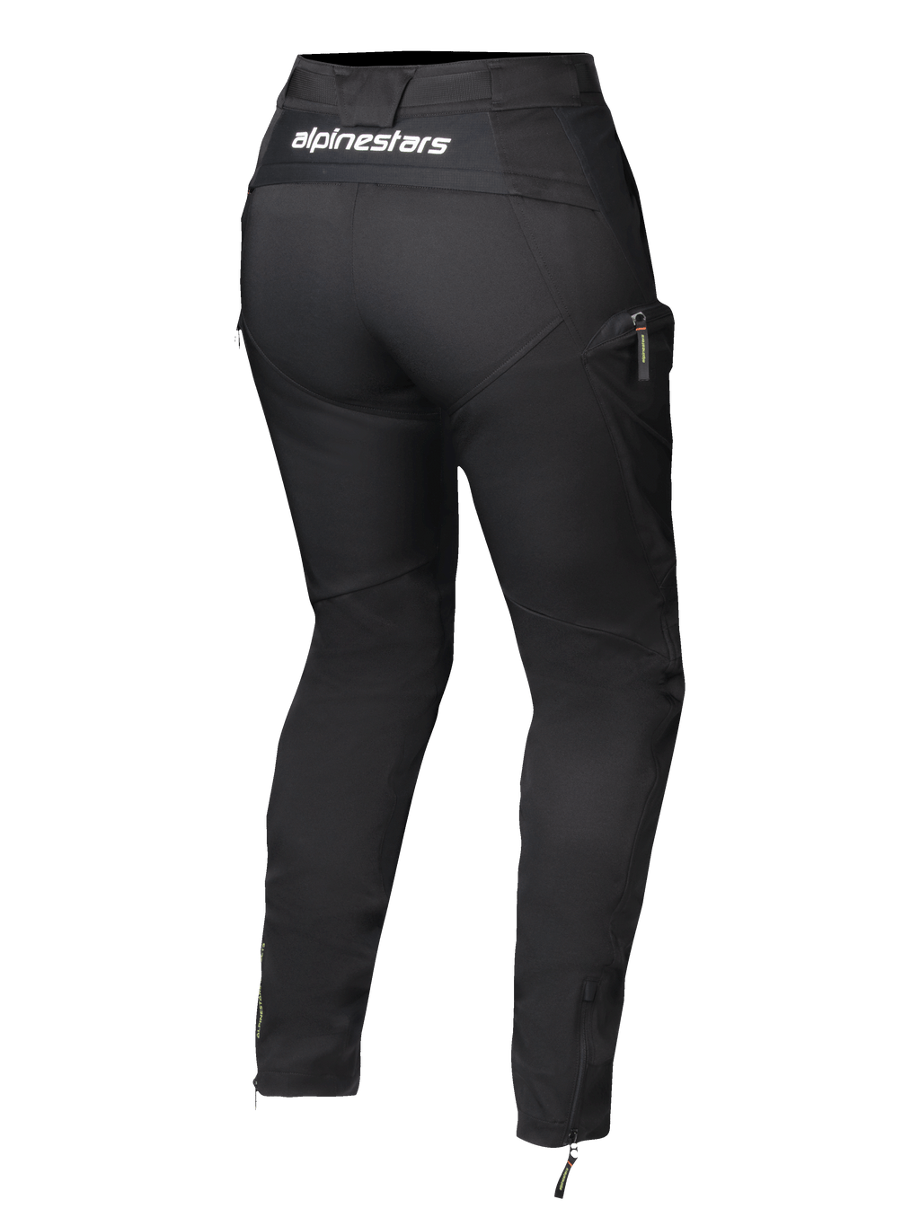 Pantaloni da donna Alpinestars Actea, nero, vista posteriore con logo bianco sulla fascia in vita, silhouette affusolata con tasca cargo laterale, zip alle caviglie, moderni pantaloni da moto