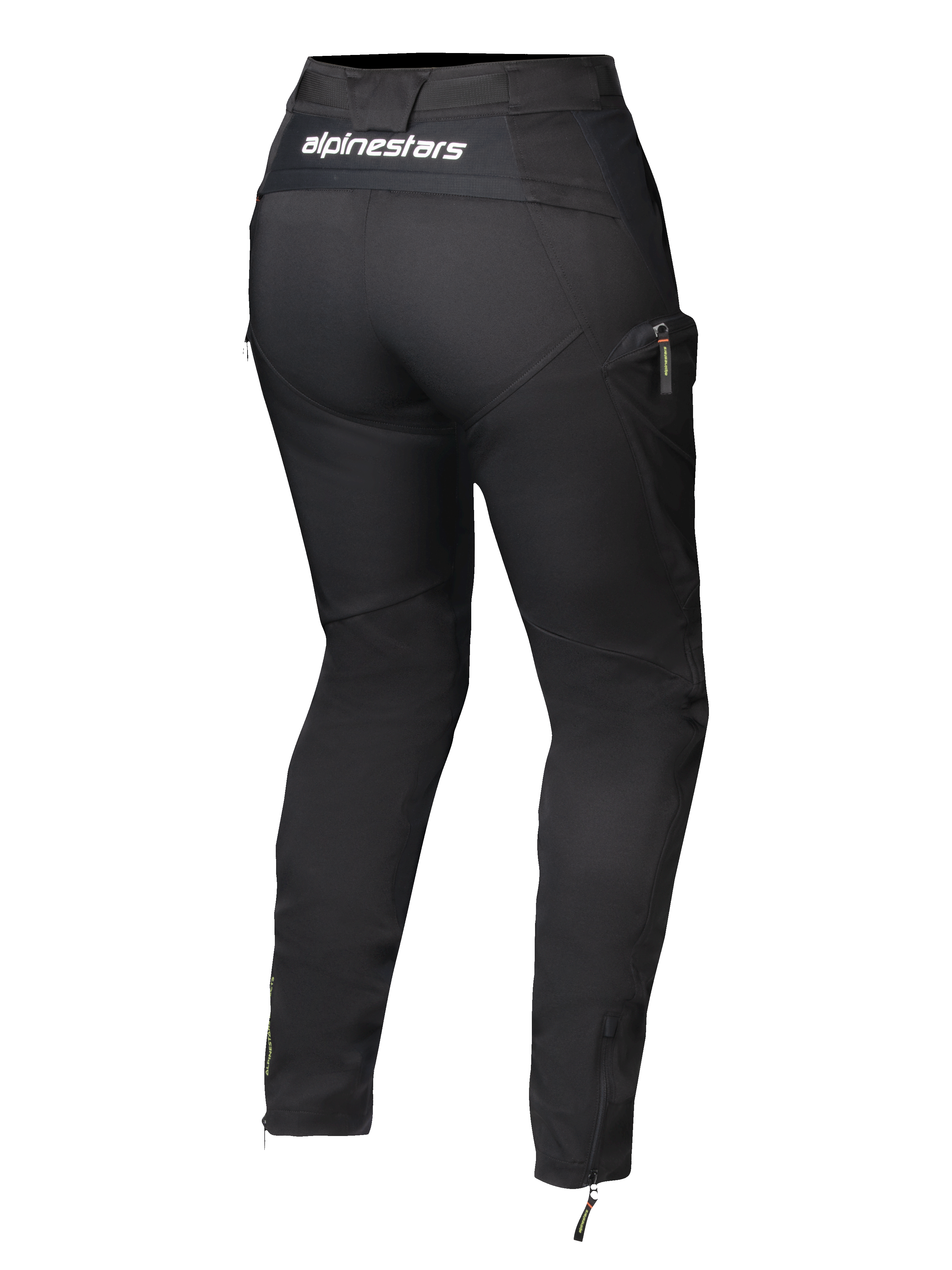 Pantaloni da donna Alpinestars Actea, nero, vista posteriore con logo bianco sulla fascia in vita, silhouette affusolata con tasca cargo laterale, zip alle caviglie, moderni pantaloni da moto