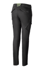 Alpinestars Caliber Women's Tech Riding Denim in Antracite, vista posteriore, pantaloni stile combat slim fit con tasche cargo funzionali e logo astars verde lime sulla vita posteriore.