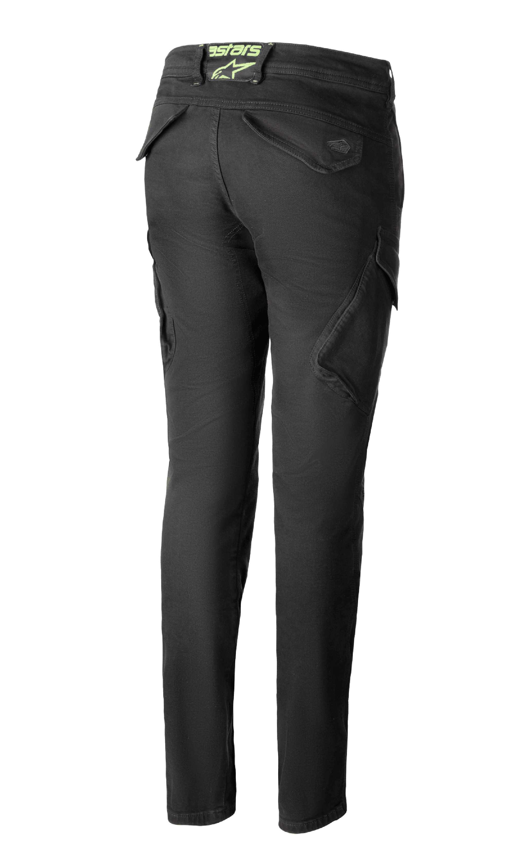 Alpinestars Caliber Women's Tech Riding Denim in Antracite, vista posteriore, pantaloni stile combat slim fit con tasche cargo funzionali e logo astars verde lime sulla vita posteriore.
