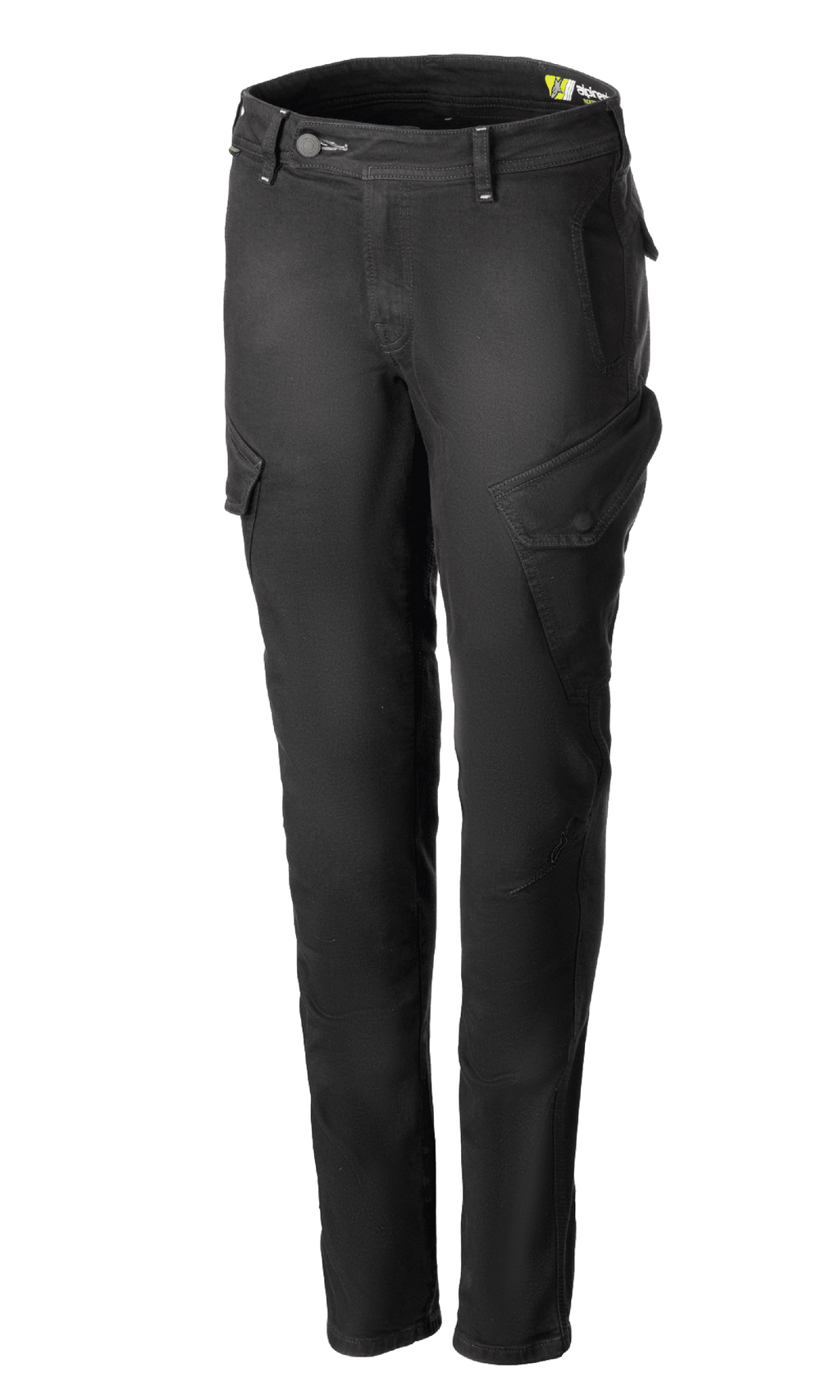Alpinestars Caliber Women's Tech Riding Denim, pantaloni cargo da moto grigio antracite, silhouette slim-fit con tasche laterali a patta inclinate, passanti per cintura e chiusura con zip e bottone, resistente denim Cordura® stretch, abbigliamento protettivo da moto urbano.