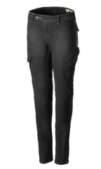 Alpinestars Caliber Women's Tech Riding Denim, pantaloni cargo da moto grigio antracite, silhouette slim-fit con tasche laterali a patta inclinate, passanti per cintura e chiusura con zip e bottone, resistente denim Cordura® stretch, abbigliamento protettivo da moto urbano.