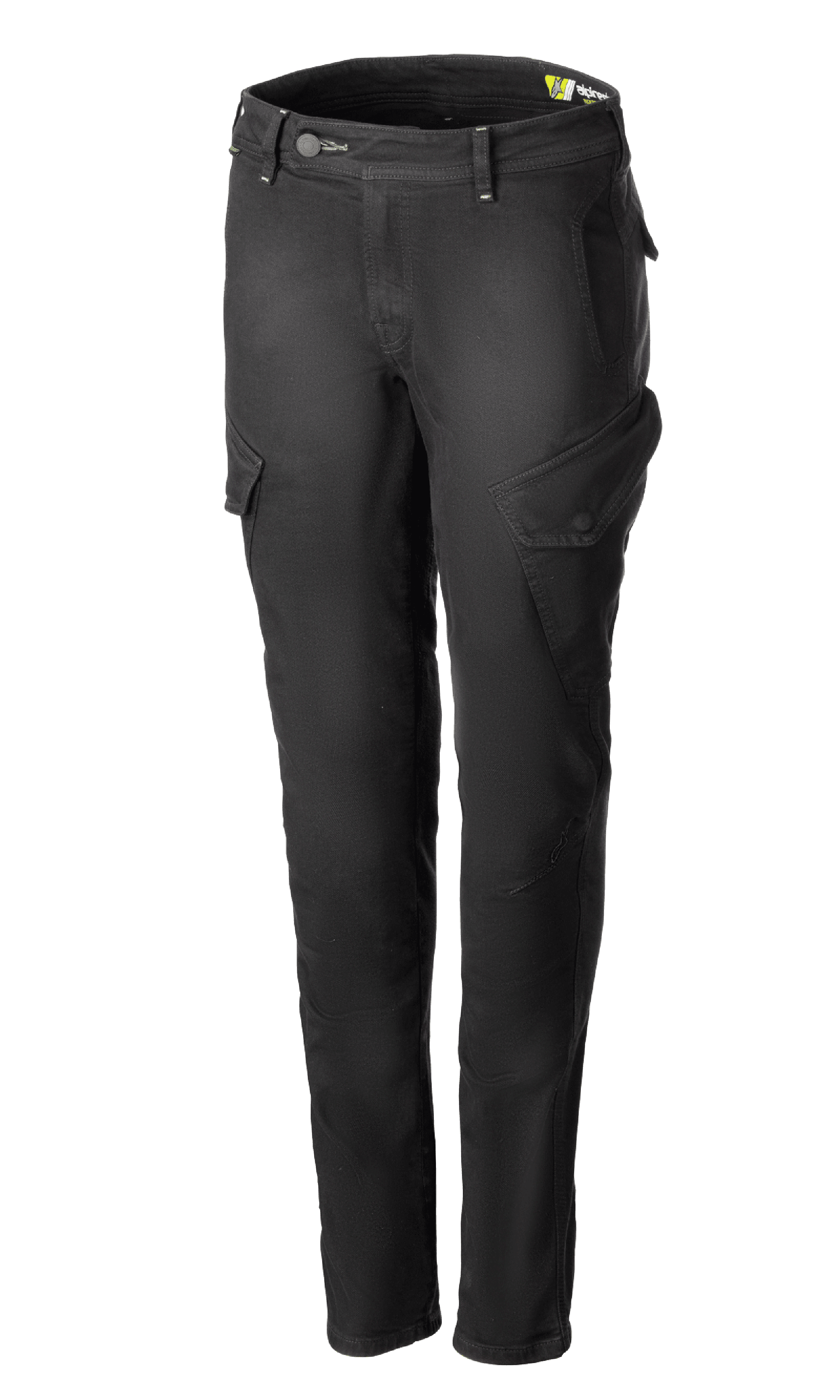 Alpinestars Caliber Women's Tech Riding Denim, pantaloni cargo da moto grigio antracite, silhouette slim-fit con tasche laterali a patta inclinate, passanti per cintura e chiusura con zip e bottone, resistente denim Cordura® stretch, abbigliamento protettivo da moto urbano.