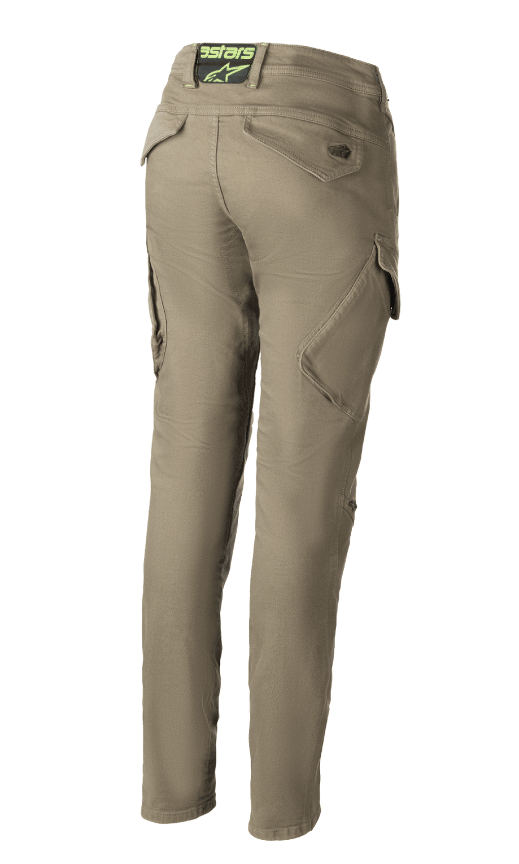 Alpinestars Caliber Women's Tech Riding Denim, pantaloni da moto verde militare, vista posteriore con design combat slim fit e tasche cargo angolate, logo Astars sulla fascia posteriore, tessuto Cordura resistente.