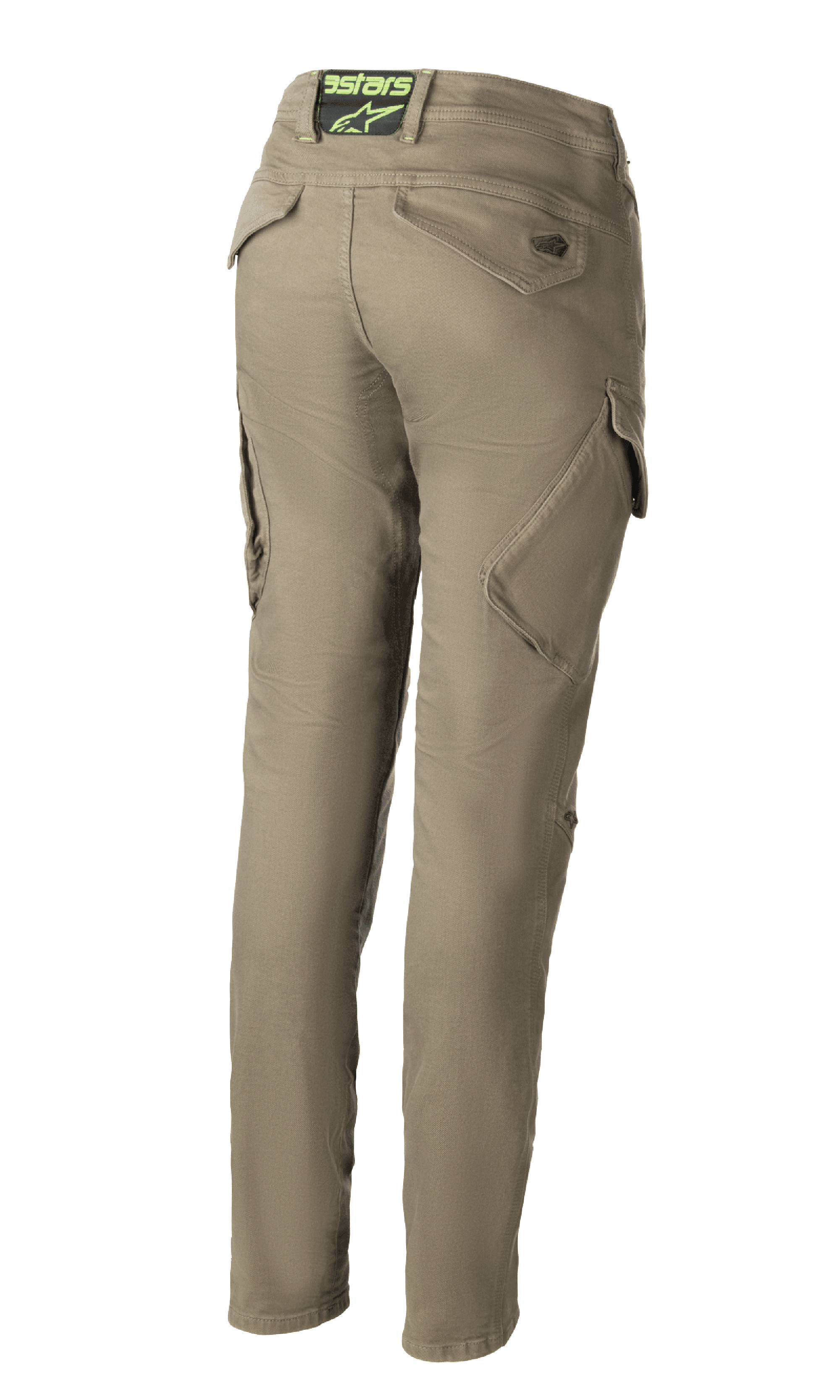 Alpinestars Caliber Women's Tech Riding Denim, pantaloni da moto verde militare, vista posteriore con design combat slim fit e tasche cargo angolate, logo Astars sulla fascia posteriore, tessuto Cordura resistente.